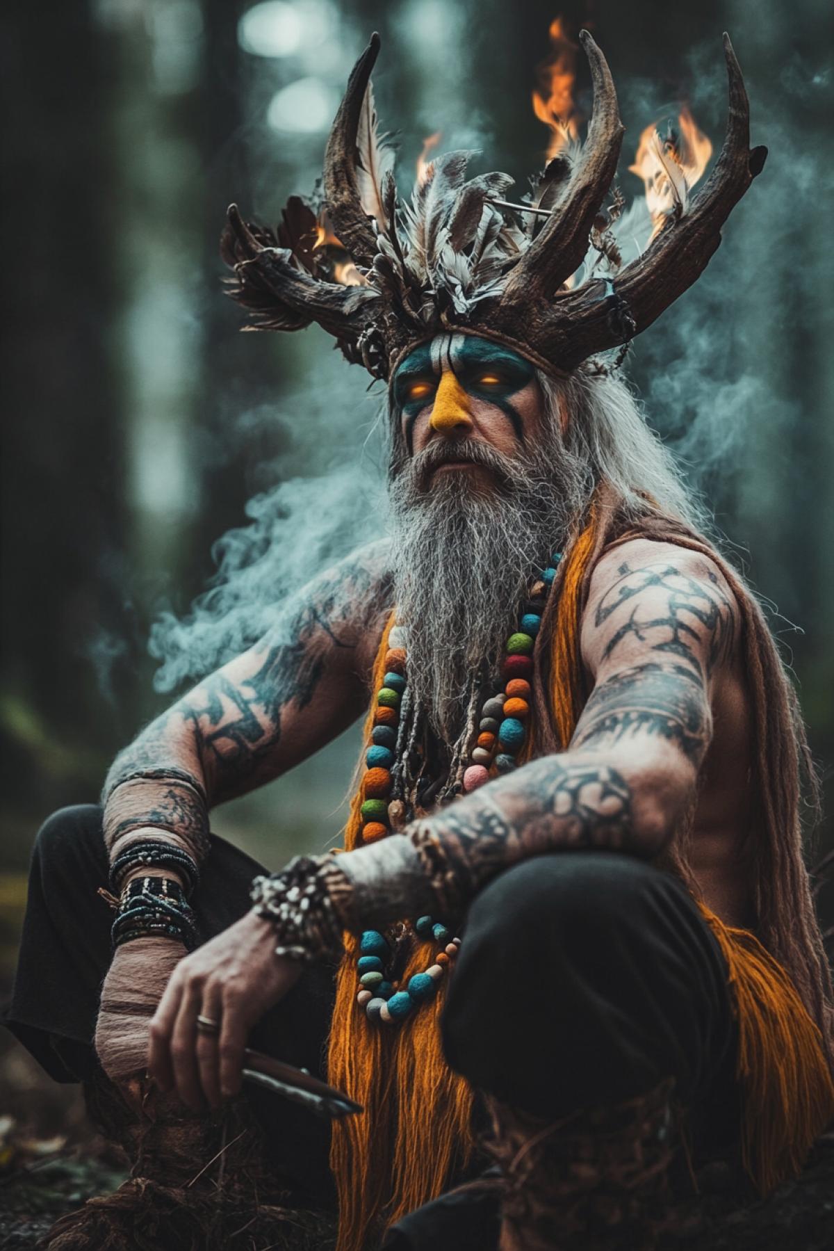 A felt mystical world of primitive magic with a powerful guide between the worlds a shaman who possesses ancient knowledge and the power of nature in the skin of an animal, the horns of a forest animal, beads made of colored stones and small bones. In his hand is an ancient tamboyellow water decorated with bird feathers, smoke from a fire, a background of a winter forest, vague silhouettes of animals and birds glowing with neon light, sparks, dark fantasy, foggy haze, soft lighting. Needle felting. Hyper-detailed wool texture, warm stitch shadows and the depth of felt