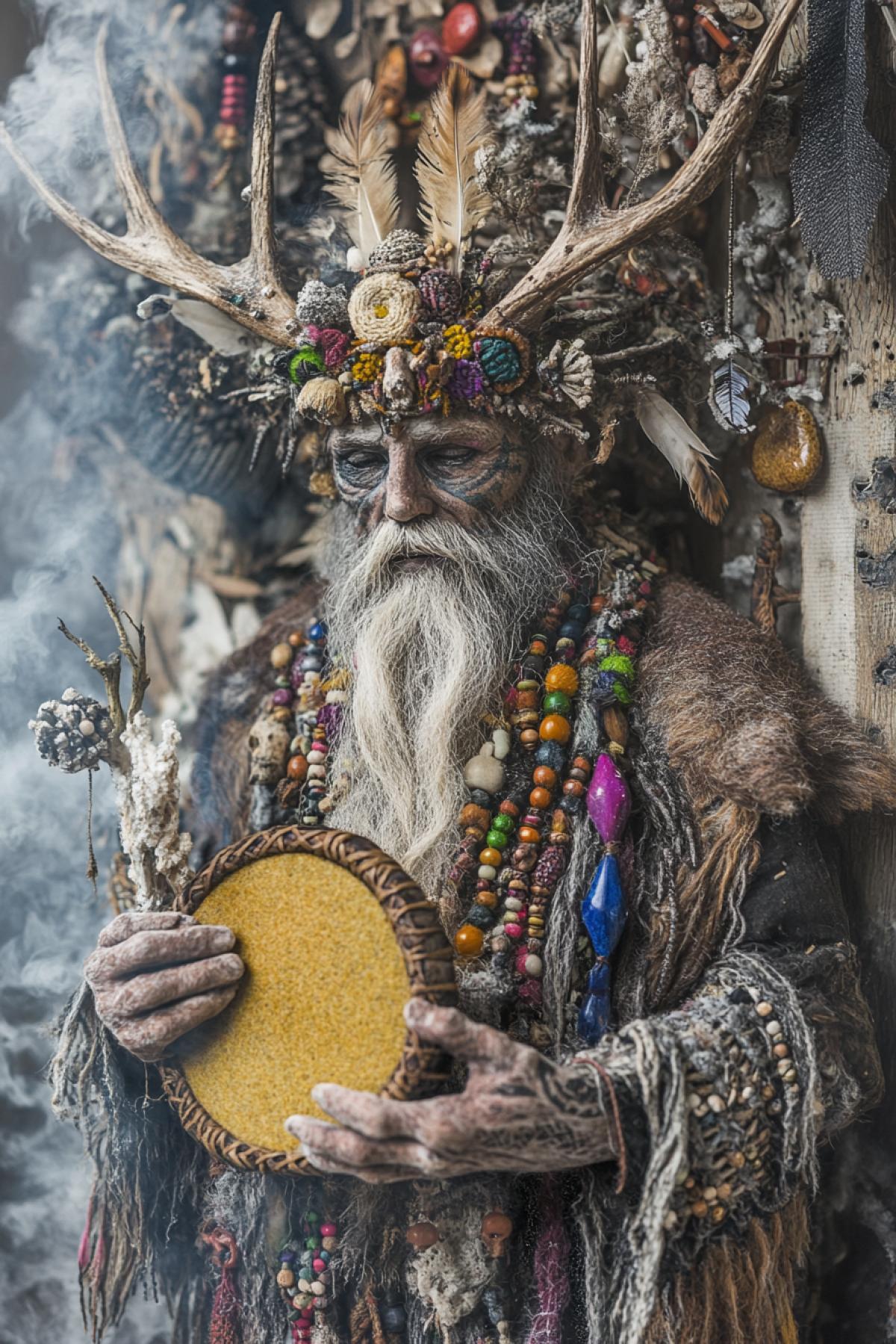 A felt mystical world of primitive magic with a powerful guide between the worlds a shaman who possesses ancient knowledge and the power of nature in the skin of an animal, the horns of a forest animal, beads made of colored stones and small bones. In his hand is an ancient tamboyellow water decorated with bird feathers, smoke from a fire, a background of a winter forest, vague silhouettes of animals and birds glowing with neon light, sparks, dark fantasy, foggy haze, soft lighting. Needle felting. Hyper-detailed wool texture, warm stitch shadows and the depth of felt