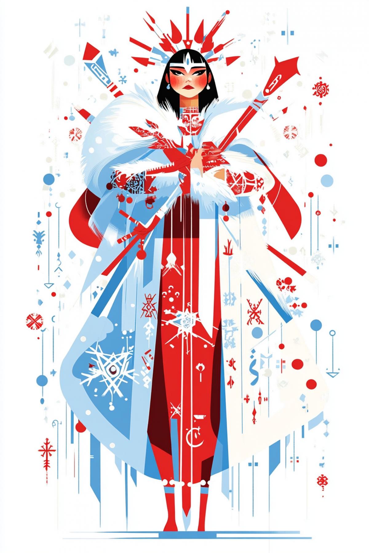 An elegant graphic of a shaman dressed in an icy outfit with rune embroidery and surrounded by ice symbols, depicted in an art style reminiscent of Studio Ghiblis vibrant color palette with flat shapes and geometric figures. The design incorporates cool reds such as sapphire red and arctic white, and vector graphics for clarity against a clean white background.