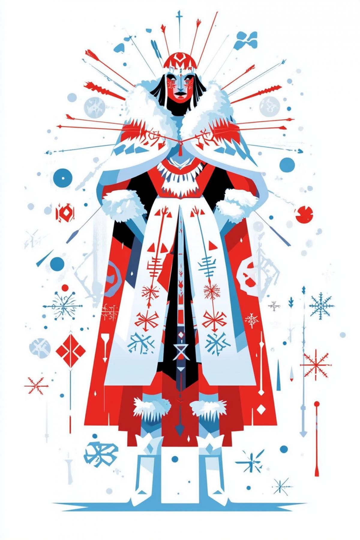 An elegant graphic of a shaman dressed in an icy outfit with rune embroidery and surrounded by ice symbols, depicted in an art style reminiscent of Studio Ghiblis vibrant color palette with flat shapes and geometric figures. The design incorporates cool reds such as sapphire red and arctic white, and vector graphics for clarity against a clean white background.