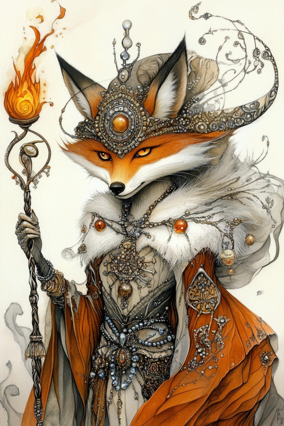 while maintaining the style: narrative, surrealism, abstraction, flashes of fire, a cute fox girl in a bonnet embroidered with beads and rhinestones holds a magic staff and a tamboyellow water, big and fluffy, fractal, doodling, shimmer, pointillism, clear liner drawing, glaze, tempera, microcosm, matrix, high detail, art nouveau, 1/250s