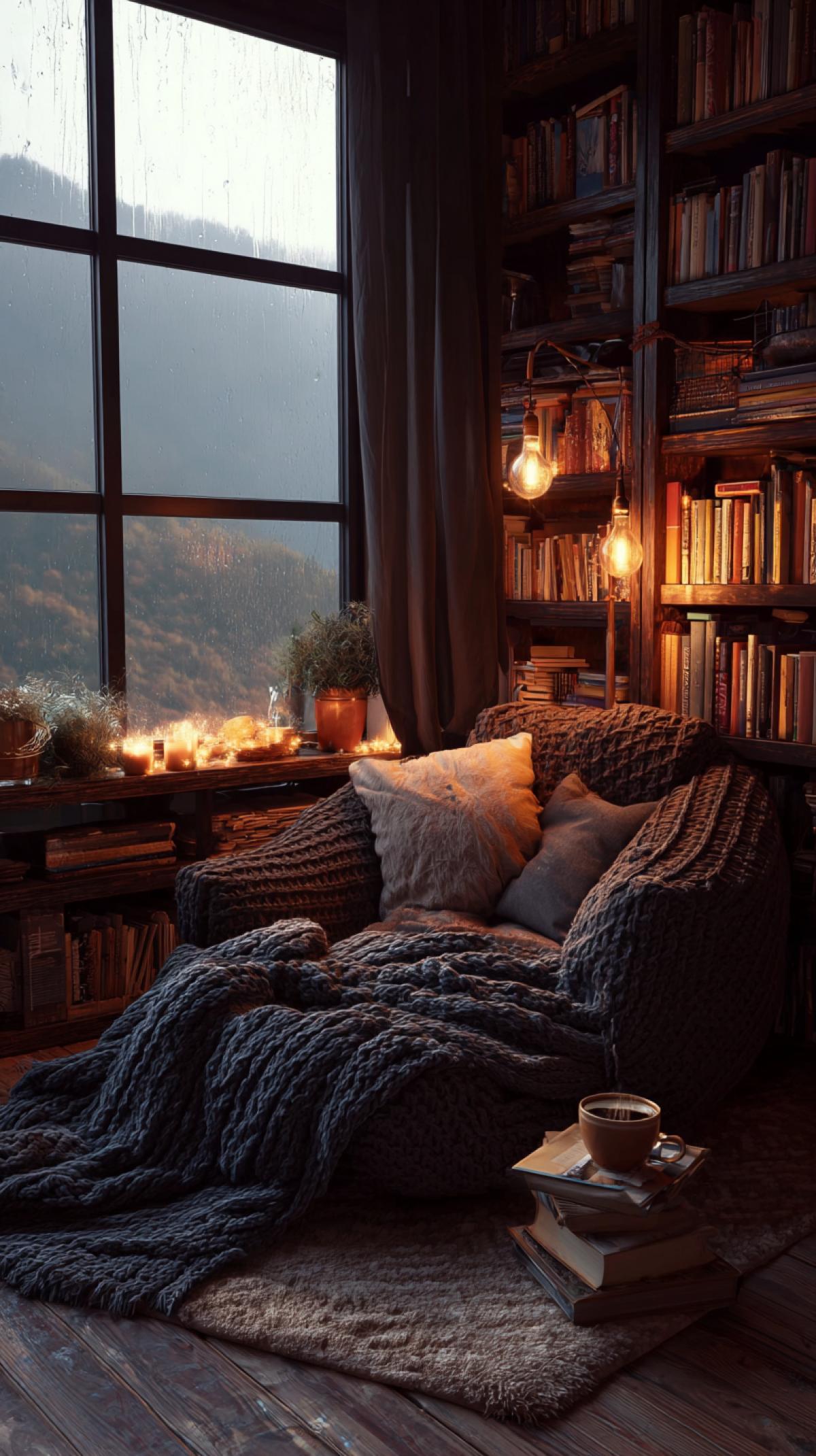 Atmospheric, tranquil introverts sanctuary, a deeply cozy and inviting personal space where one finds comfort and solace. Picture a plush, oversized armchair piled with soft pillows and a chunky knit blanket, nestled in a quiet corner. A small, well-worn side table holds a steaming mug of tea and an open book. Warm, diffused lamplight or the gentle glow of subtle string lights casts long, soft shadows. Floor-to-ceiling bookshelves brimming with beloved volumes, a few thriving potted plants, and perhaps a window offering a serene view of a quiet natural landscape or rain. The air feels still and peaceful.