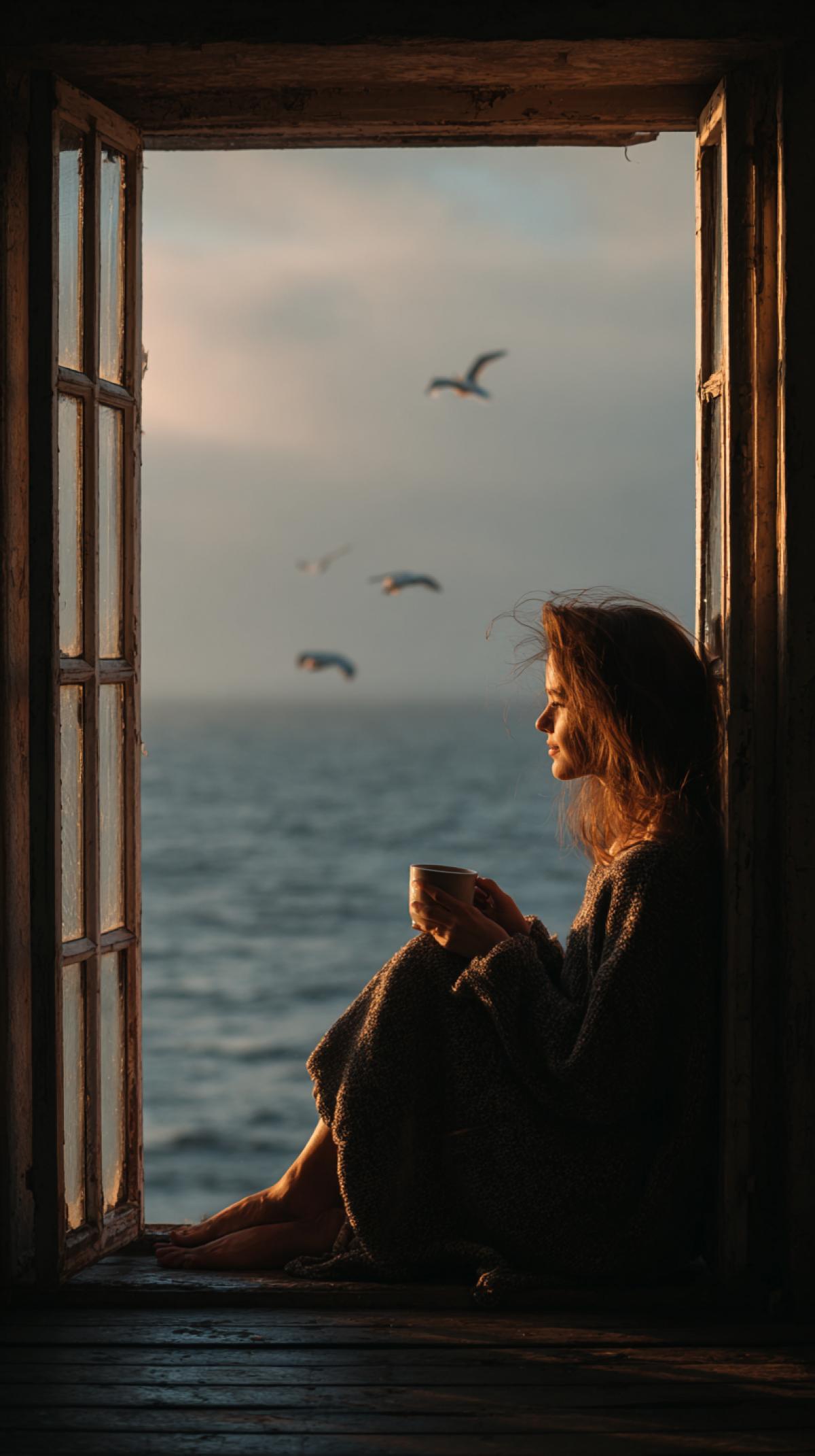 A serene young woman, an. introverted soul, is sitting. comfortably by a wide-open,. rustic old wooden window. She. overlooks a calm, misty early. morning sea where distant. seagulls soar. A steaming mug. of coffee is in her hands. Soft,. golden morning light filters. into the cozy room, creating an. atmosphere of deep tranquility,. peace, and quiet solitude. Hygge. aesthetic, personal sanctuary,. introspective, soft focus,. cinematic lighting