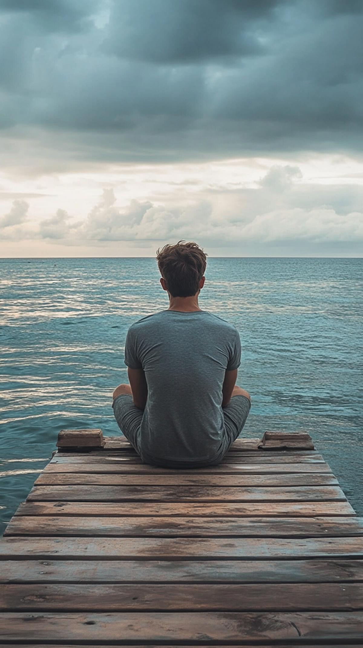 A man is an introvert, a man, with expressive cheekbones and a relaxed look. He sits on the pier and looks at the endless sea