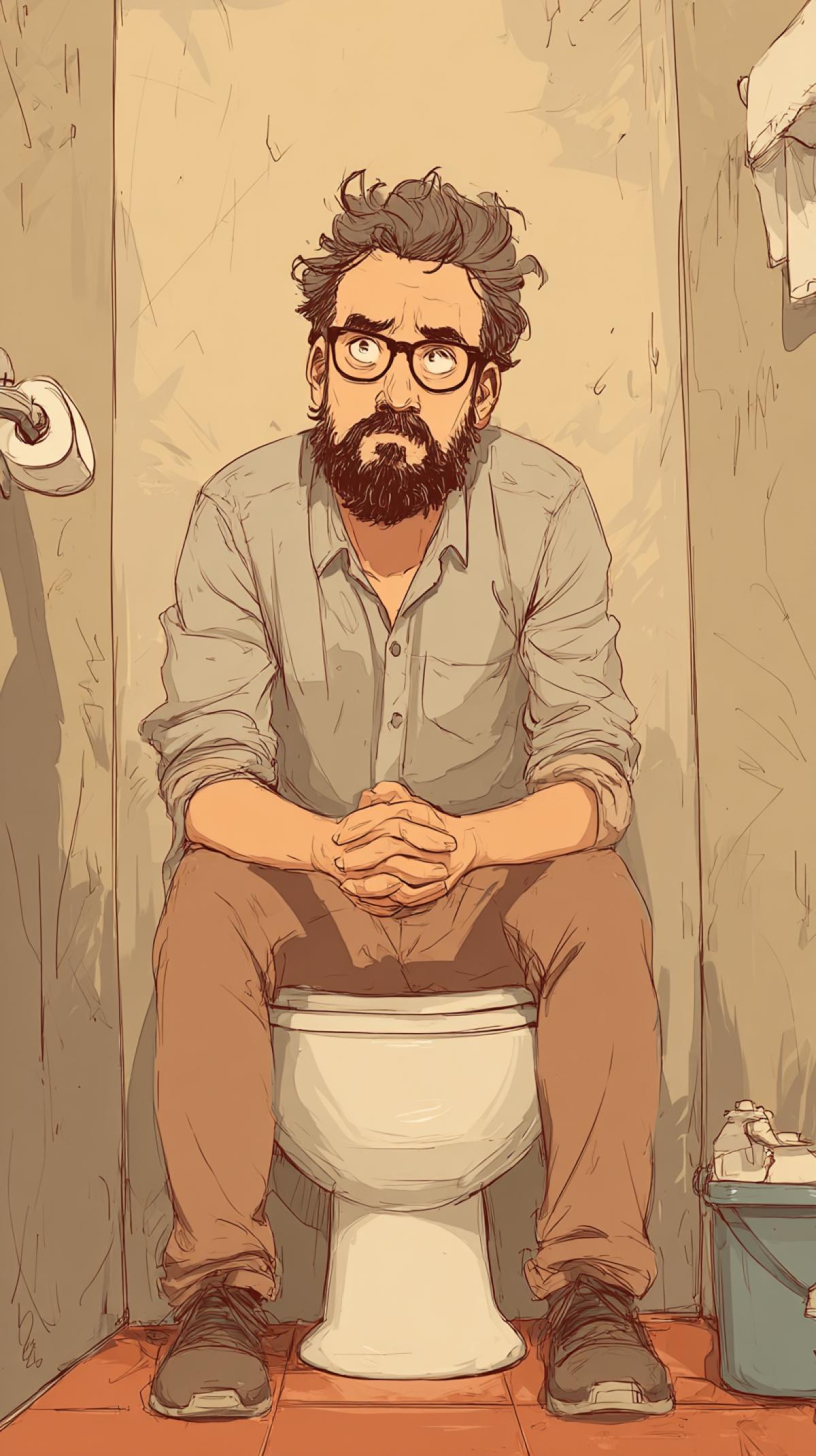 Cowardly man introvert on toilet in the toilet.