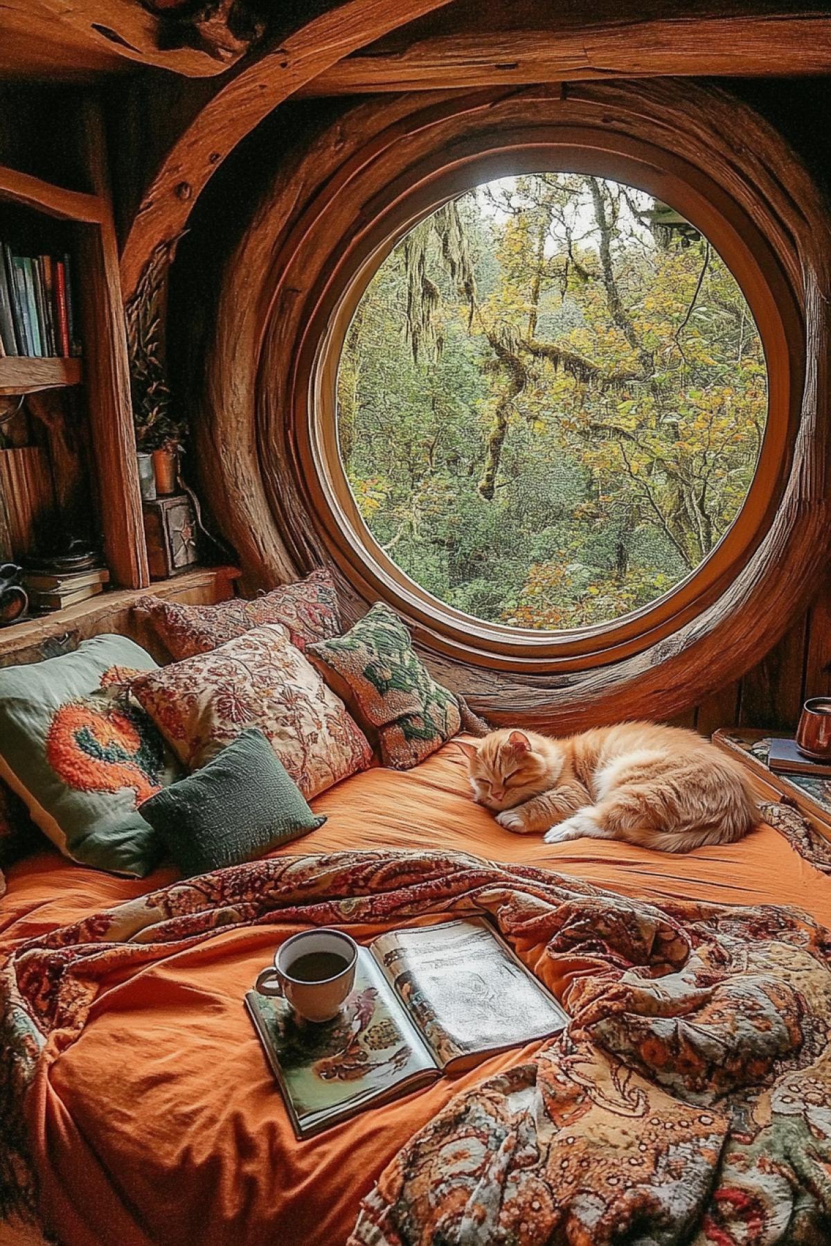A cozy bedroom with a large round window overlooking the lush green forest. The room has a rustic wooden ceiling and walls, and a comfortable bed decorated with colorful blankets and pillows. The round window is an important detail of the interior, offering a peaceful view of nature. The room has a warm and cozy atmosphere, with books, a cup of coffee on a small bedside ottoman, a small fluffy ginger kitten sleeping on the bed, an ideal place for rest and relaxation.