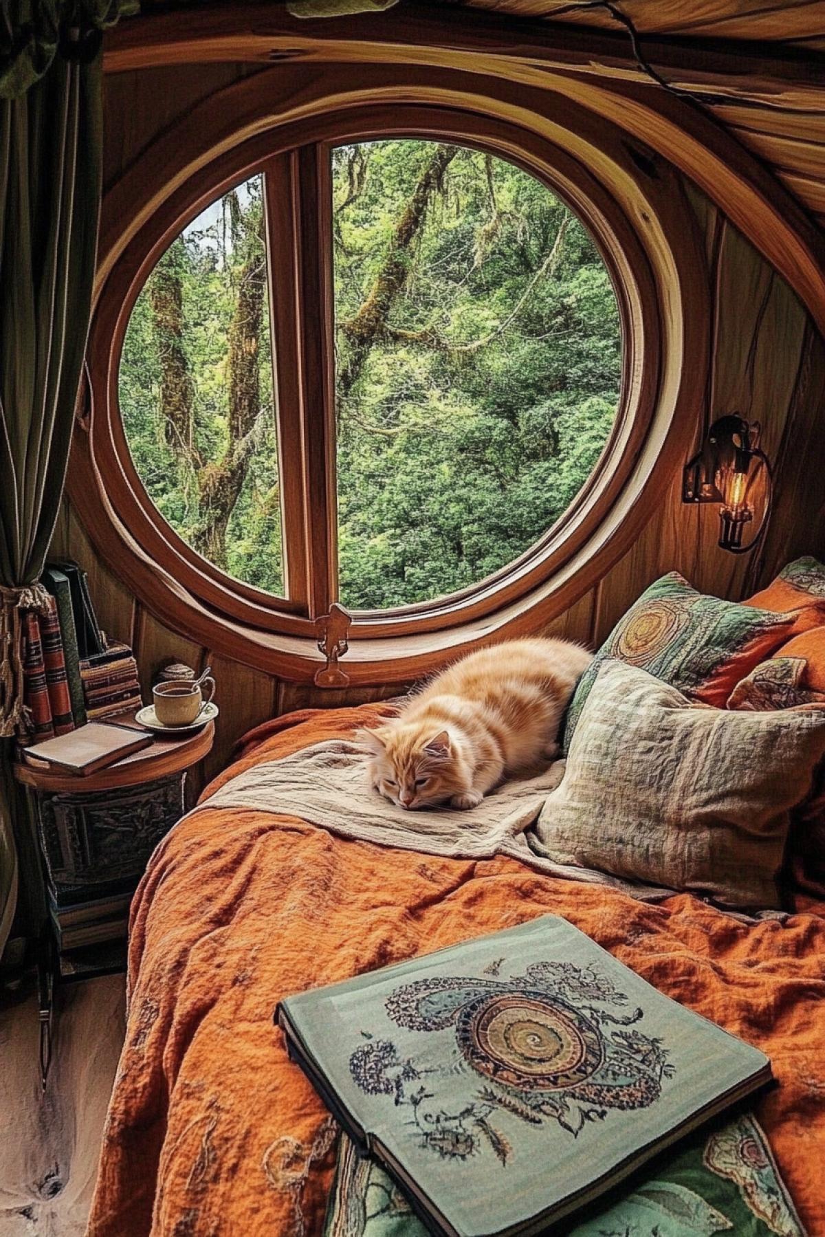 A cozy bedroom with a large round window overlooking the lush green forest. The room has a rustic wooden ceiling and walls, and a comfortable bed decorated with colorful blankets and pillows. The round window is an important detail of the interior, offering a peaceful view of nature. The room has a warm and cozy atmosphere, with books, a cup of coffee on a small bedside ottoman, a small fluffy ginger kitten sleeping on the bed, an ideal place for rest and relaxation.