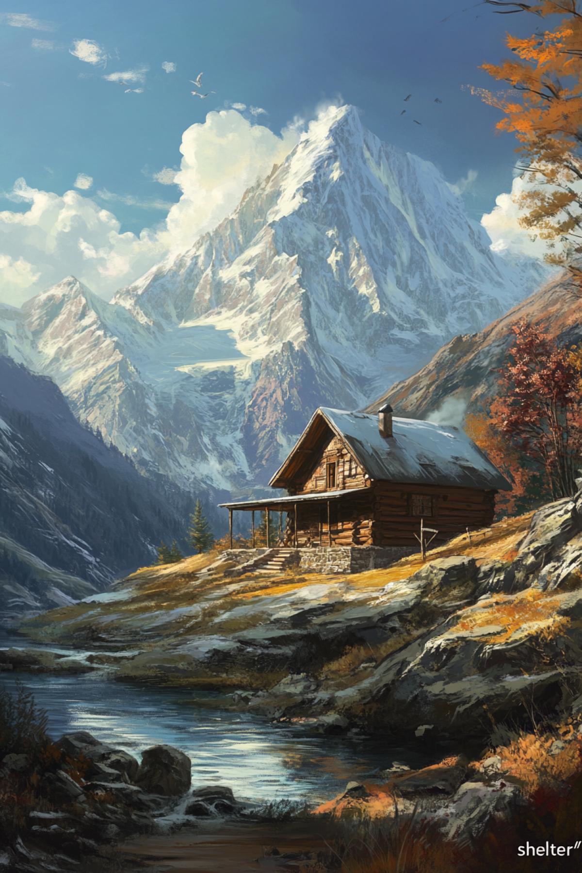 It is necessary to create an atmospheric, secluded scene the very personal \"shelter\" where the introvert draws strength and comfort, in nature in the mountains.