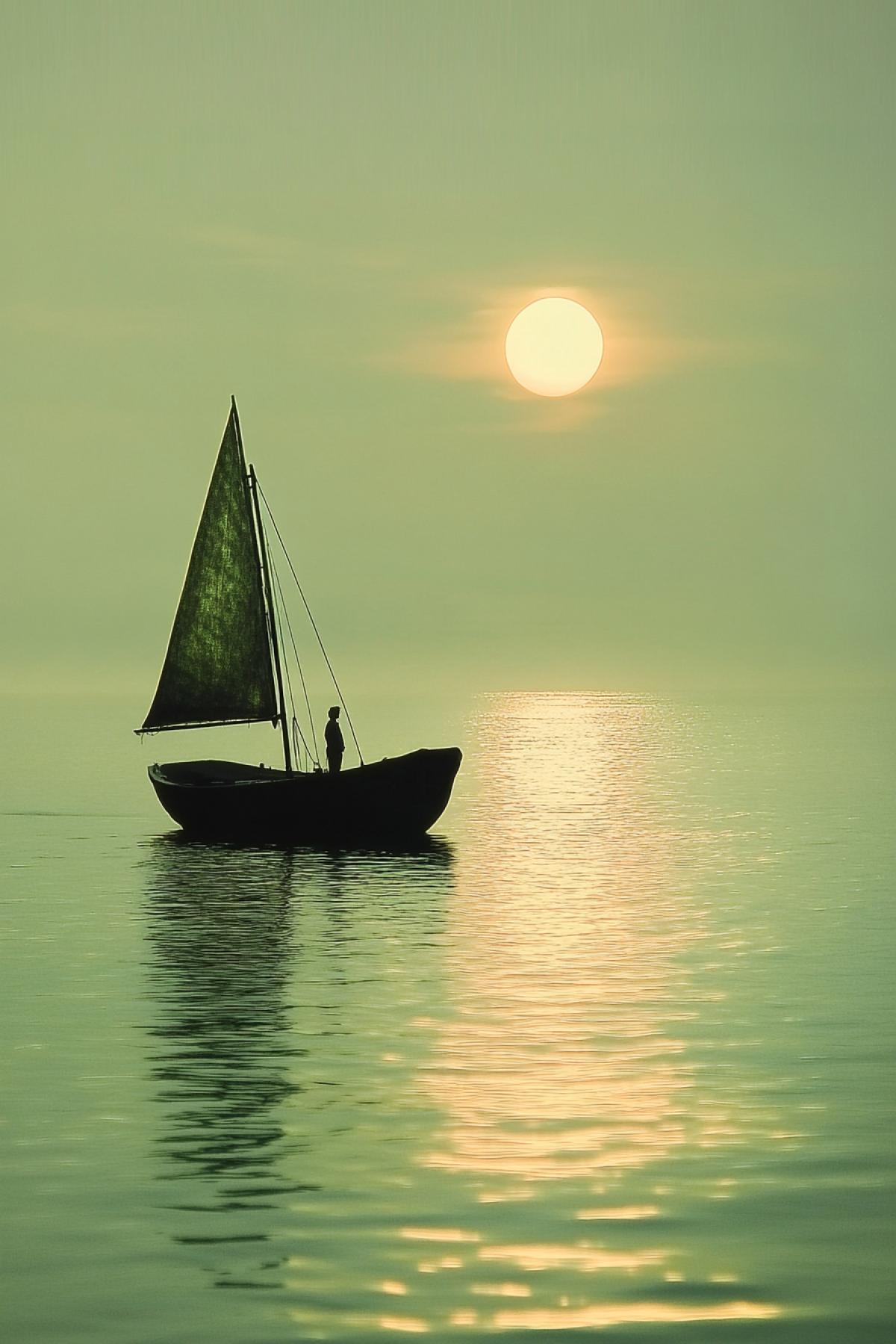A small boat with a man standing in it, looking at the horizon. The boat is sailing on the sea against the backdrop of the setting sun and a light green sky. The water reflects the golden glow of the sunset, creating an atmosphere of calm and harmony. This scene conveys serene beauty and peace, evoking a sense of peace and reflection in the style of Claude Monet. sref 2261307605chaos 10 stylize 150