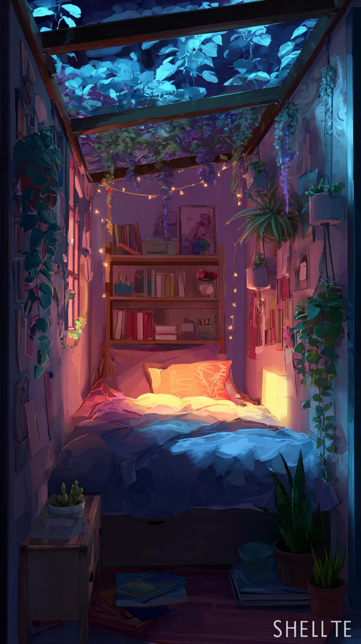 It is necessary to create an atmospheric, secluded scene the very personal \"shelter\" where the introvert draws strength and comfort, where there are many colors and a calm color around, you can neon color