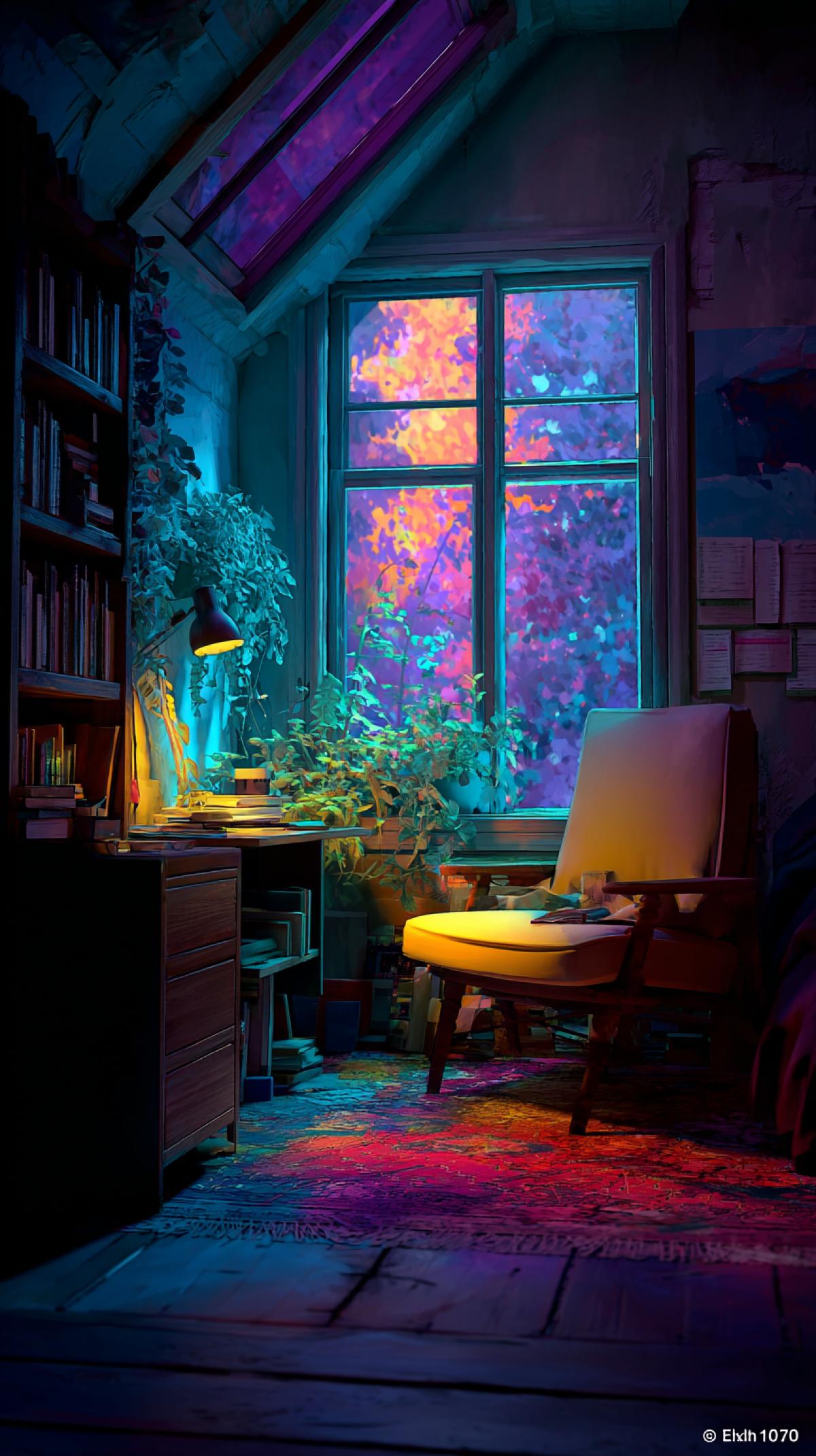 It is necessary to create an atmospheric, secluded scene the very personal \"shelter\" where the introvert draws strength and comfort, where there are many colors and a calm color around, you can neon color