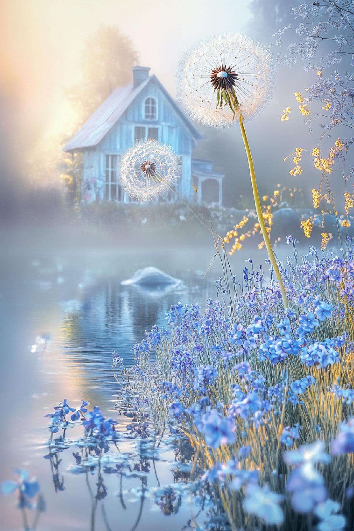 double exposure. through the fog, glowing dandelions swirl above a fantastically beautiful sunny grotto of fractal ethereal colored blue forget-me-nots, one large dandelion hovering above a blue and white house, fractals of light, glittering pollen on dandelion parachutes, delicate shades, filigree details, wind, double focus, movement, reflection, sfumato, subtle, Photoshop + Monge, illustration with rainbow and blue dandelions and forget-me-nots near a house, purple-golden scattering of pebbles by the water, through the rainbow, realistic. The water reflects the golden glow of the sunset, creating an atmosphere of calm and harmony. This scene conveys serene beauty and peace, evoking a sense of peace and reflection in the style of Monge. sref 2261307605