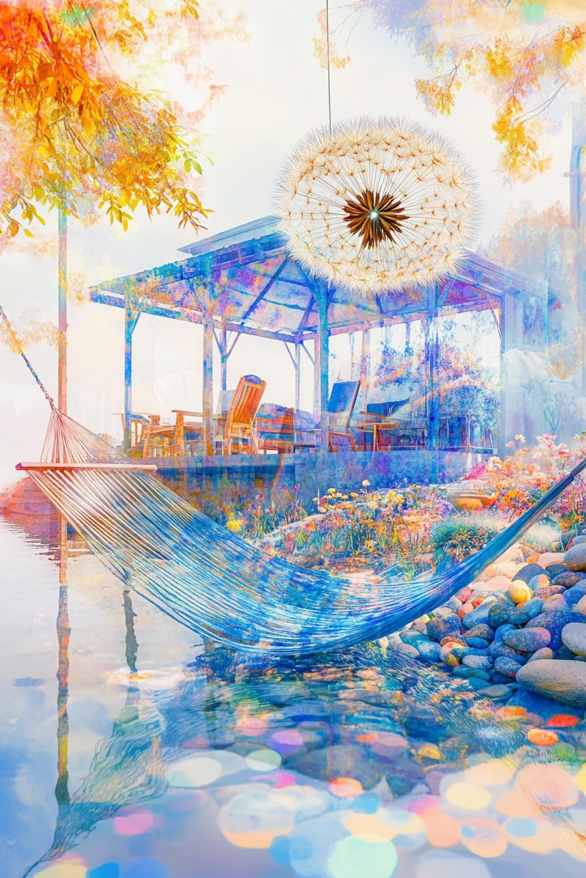 double exposure. through the fog, glowing dandelions swirl above a fantastically beautiful sunny grotto of fractal ethereal colored blue-pink irises, yellow lilies and lupines, one large dandelion hangs over a blue-white house with a canopy, under the canopy there is a hammock with a figure of a man with a book, resting in a hammock, fractals of light, shiny pollen on dandelion parachutes, delicate shades, filigree details, wind, double focus, movement, reflection, sfumato, subtle, Photoshop + Monge, illustration with rainbow and blue dandelions and flowers near a house, blue-violet-golden scattering of pebbles near the water, through the rainbow, realistic. The water reflects the golden glow of the sunset, creating an atmosphere of calm and harmony. This scene conveys serene beauty and tranquility, evoking a sense of peace and reflection in the style of Monge. sref 2261307605