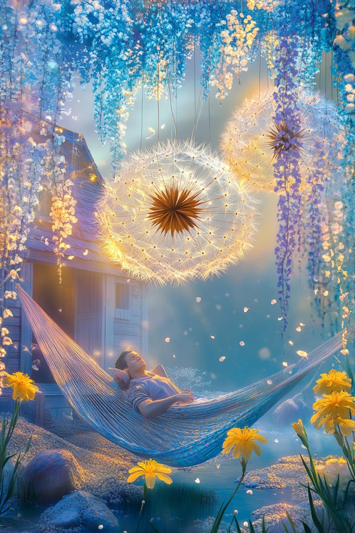 double exposure. through the fog, glowing dandelions swirl above a fantastically beautiful sunny grotto of fractal ethereal colored blue-pink irises, yellow lilies and lupines, one large dandelion hangs over a blue-white house with a canopy, under the canopy there is a hammock with a figure of a man with a book, resting in a hammock, fractals of light, shiny pollen on dandelion parachutes, delicate shades, filigree details, wind, double focus, movement, reflection, sfumato, subtle, Photoshop + Monge, illustration with rainbow and blue dandelions and flowers near a house, blue-violet-golden scattering of pebbles near the water, through the rainbow, realistic. The water reflects the golden glow of the sunset, creating an atmosphere of calm and harmony. This scene conveys serene beauty and tranquility, evoking a sense of peace and reflection in the style of Monge. sref 2261307605