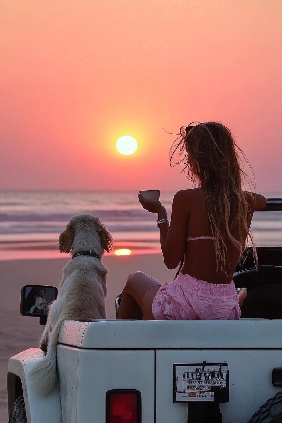 A woman sitting on the hood of a white jeep, enjoying a sunset with a dog. The sun is setting, casting a warm glow over the scene. The woman is holding a cup, possibly enjoying a drink, and the dog is sitting calmly beside her. The jeep is parked on a sandy beach, with the ocean visible in the background. The overall atmosphere is serene and relaxed, capturing a moment of tranquility and companionship.