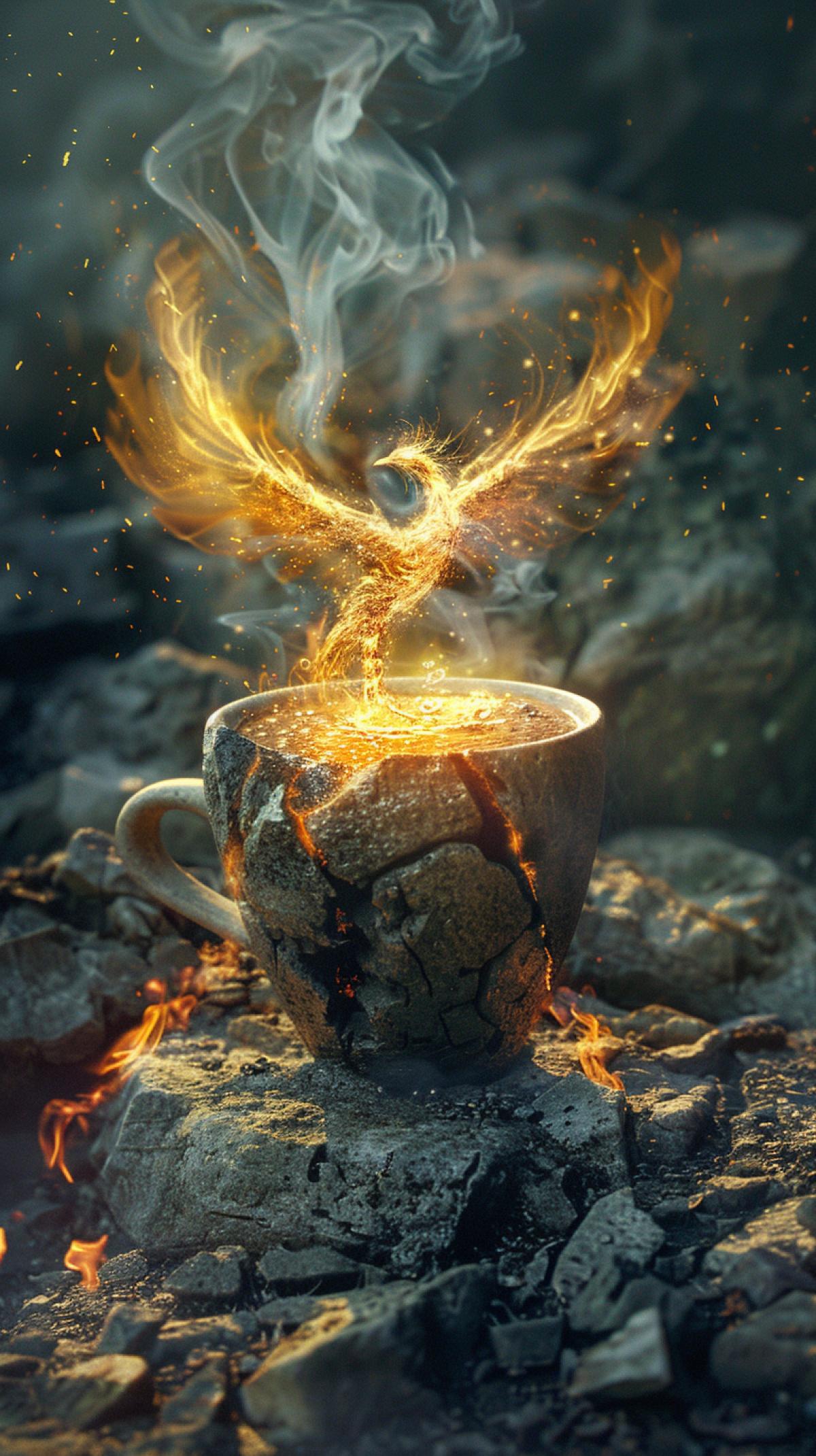 A cup of tea made of cracked basalt, the cracks reveal burning lava on the rocky surface, where a glowing phoenix made of golden flames rises gracefully from the steaming liquid. The mythical bird spreads its fiery wings wide before dissolving into the swirling steam dancing over the rim of the cup. Soft light from outer space filters through the scene, casting warm shadows on the rough stone canvas and basalt cup against the backdrop of the Milky Way.