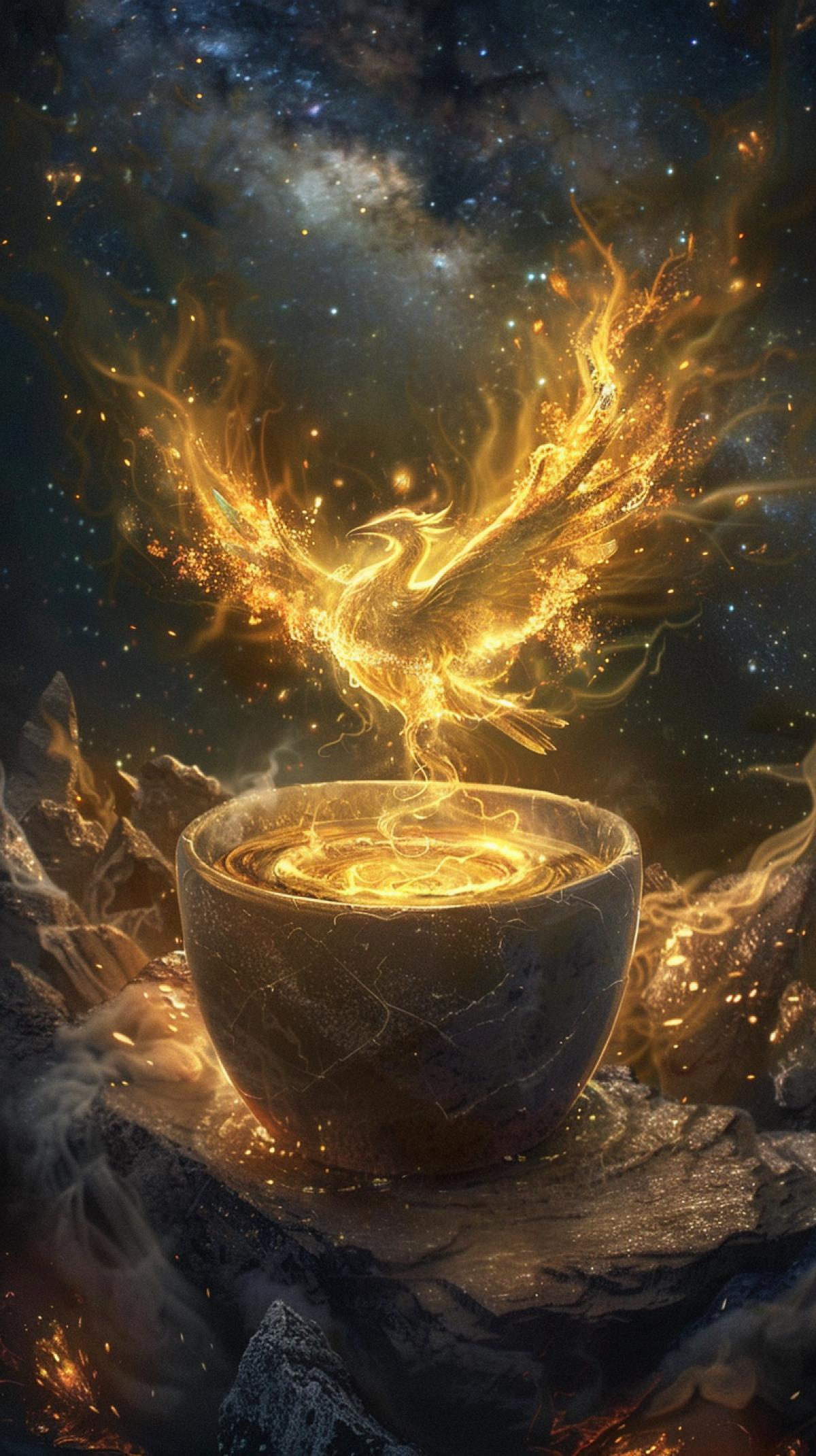 A cup of tea made of cracked basalt, the cracks reveal burning lava on the rocky surface, where a glowing phoenix made of golden flames rises gracefully from the steaming liquid. The mythical bird spreads its fiery wings wide before dissolving into the swirling steam dancing over the rim of the cup. Soft light from outer space filters through the scene, casting warm shadows on the rough stone canvas and basalt cup against the backdrop of the Milky Way.