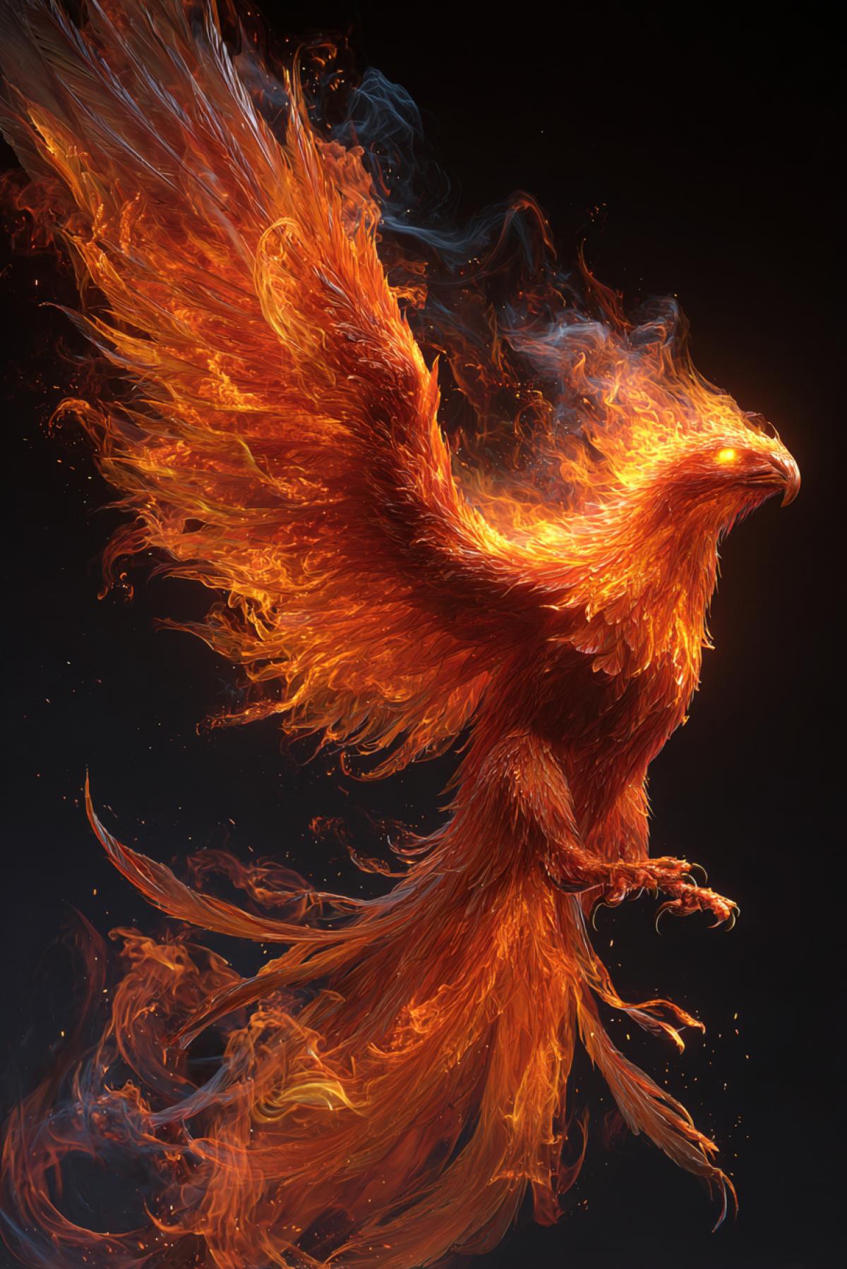 Create an ultra-detailed, 16K resolution fantasy realism image of a majestic phoenix com4kd entirely of swirling flames. Its wings should leave dynamic trails of glowing embers and wisps of smoke with realistic fire feather patterns, each feather intricately formed from vibrant fire elements. The phoenixs eyes must glow intensely like molten gold to convey power and mystique. Set the creature against a pitch-dark, starless sky to sharply contrast and emphasize the vivid, warm color palette of oranges, reds, and subtle blues within the flames. Incorporate advanced fire simulation with intricate light reflections and dynamic motion blur capturing the motion of wingbeats, enhancing the sense of energy and ethereal power in flight.