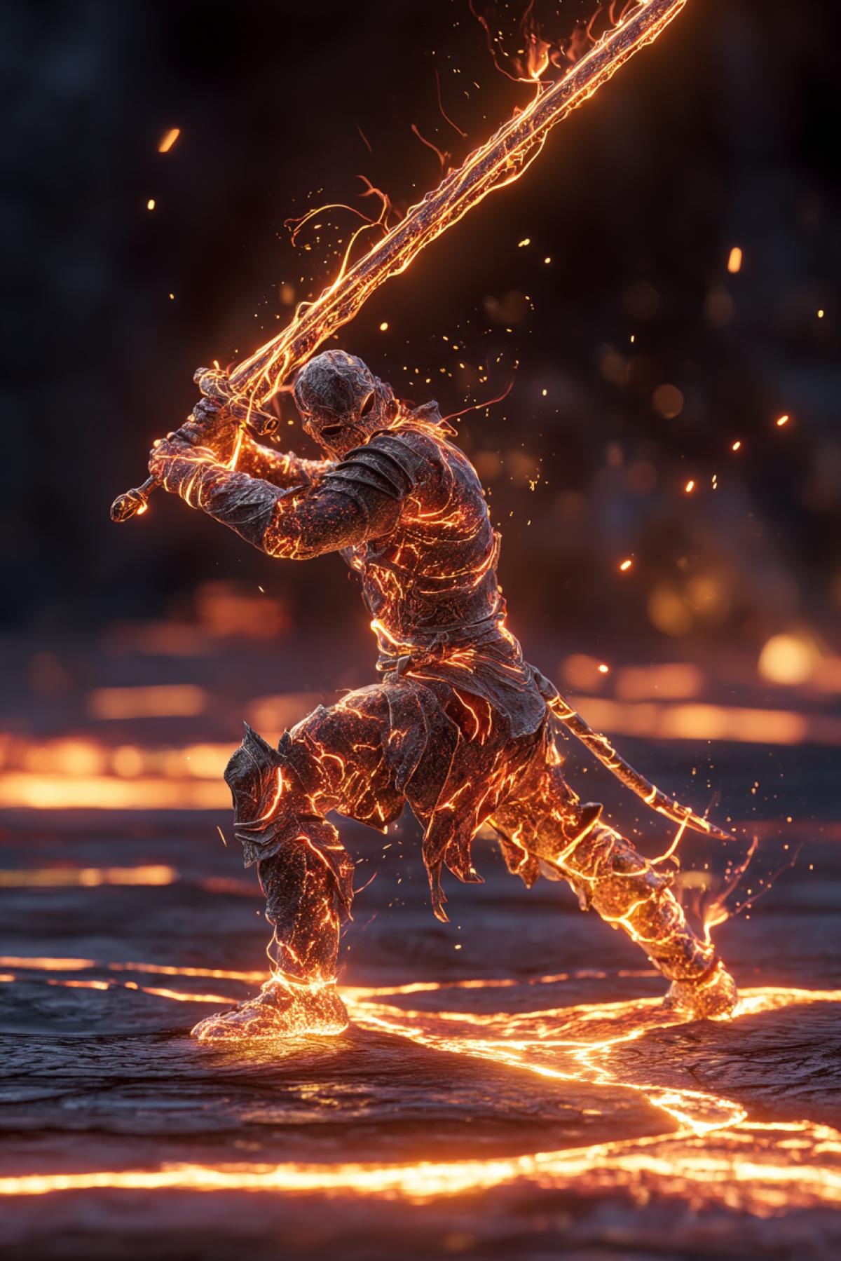 Create a hyper-realistic, 12K resolution image of a human warrior com4kd entirely of fire, captured mid-stride during battle. The warrior wields a flaming sword raised high, with flames intricately forming both muscular definition and armor-like textures. Sparks fly dynamically from each movement, illuminating the scene with intense contrast between vivid fire and deep shadows. The ground beneath is charred and cracked, with glowing fissures resembling veins spreading outward. The overall art style should evoke the ominous and detailed aesthetics of a ‘Dark Souls’ boss design, emphasizing atmospheric intensity and dramatic lighting.