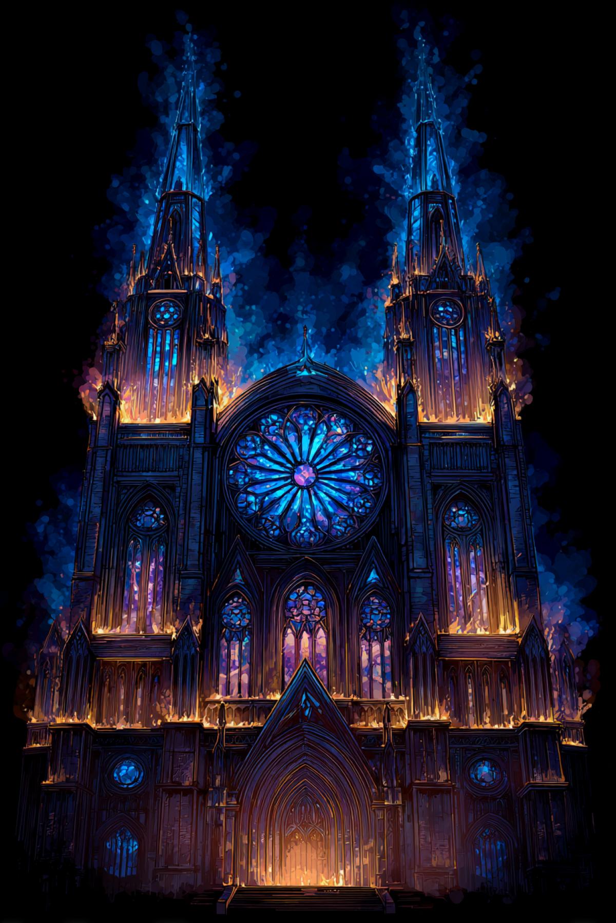 Create a 16K ultra-detailed surreal image of a gothic cathedral entirely made of flames, featuring towering spires and stained-glass windows com4kd of swirling blue and orange fire. The central rose window should pulse vividly like a living heart, emitting a soft, eerie glow that illuminates the surrounding smoke. Ghostly figures form naturally within the smoke arches, adding to the majestic and haunting atmosphere. Render the scene in the dark, moody, and stylized aesthetic of Darkest Dungeon art with high contrast lighting and sharp shadows to emphasize depth and detail.