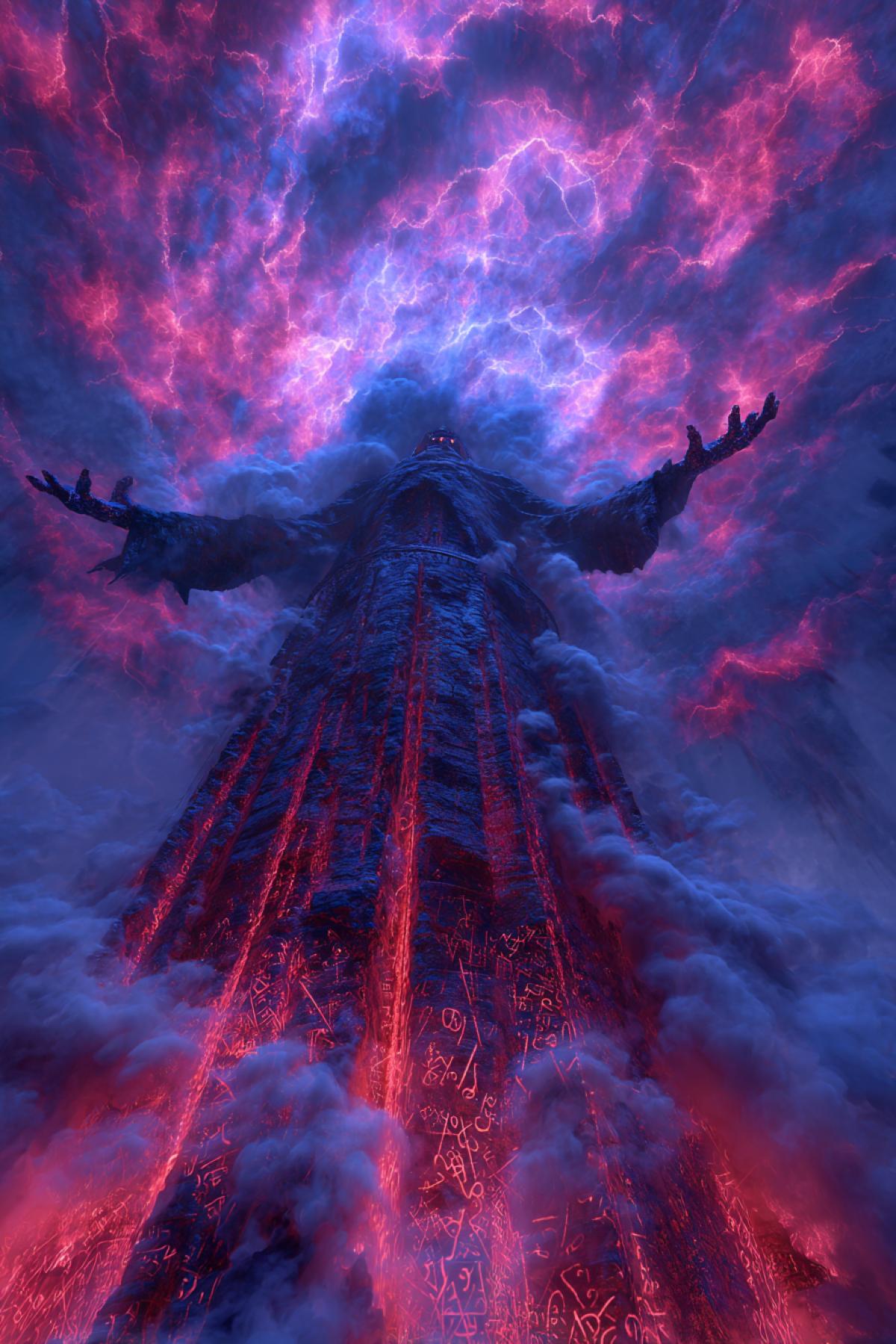 A towering tornado of blue and crimson flames, shaped like a robed guardian with outstretched arms. Within its vortex glowing runes that form and dissolve like burning parchment. The ground beneath cracks open, luxury lava veins that pulse in rhythm with the firestorm. 16K epic fantasy, style of ‘Shadow of the Colossus’ meets volcanic eruption photography, with insane heat distortion effects, style of Szymon Biernacki’s fire art