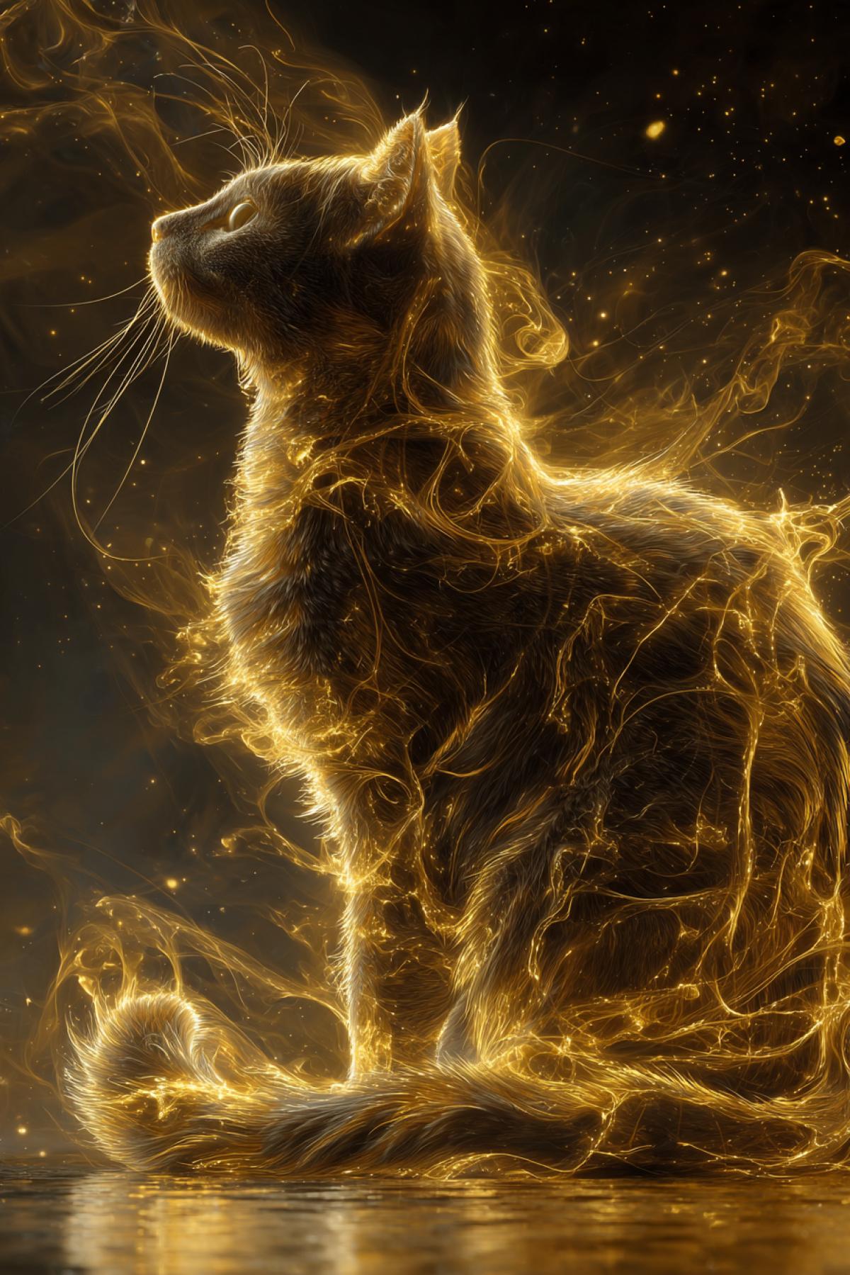 A sleek feline silhouette entirely woven from golden solar flames, curled up on an invisible surface. Its purring vibrations send ripples through the fire-fur, while tiny supernova sparks float around like fireflies. Background: deep space with nebulae reflections in its eyes. 12K stylized realism, Studio Ghibli’s ‘Calcifer’ meets Hubble Telescope imagery, style of Szymon Biernacki’s fire art