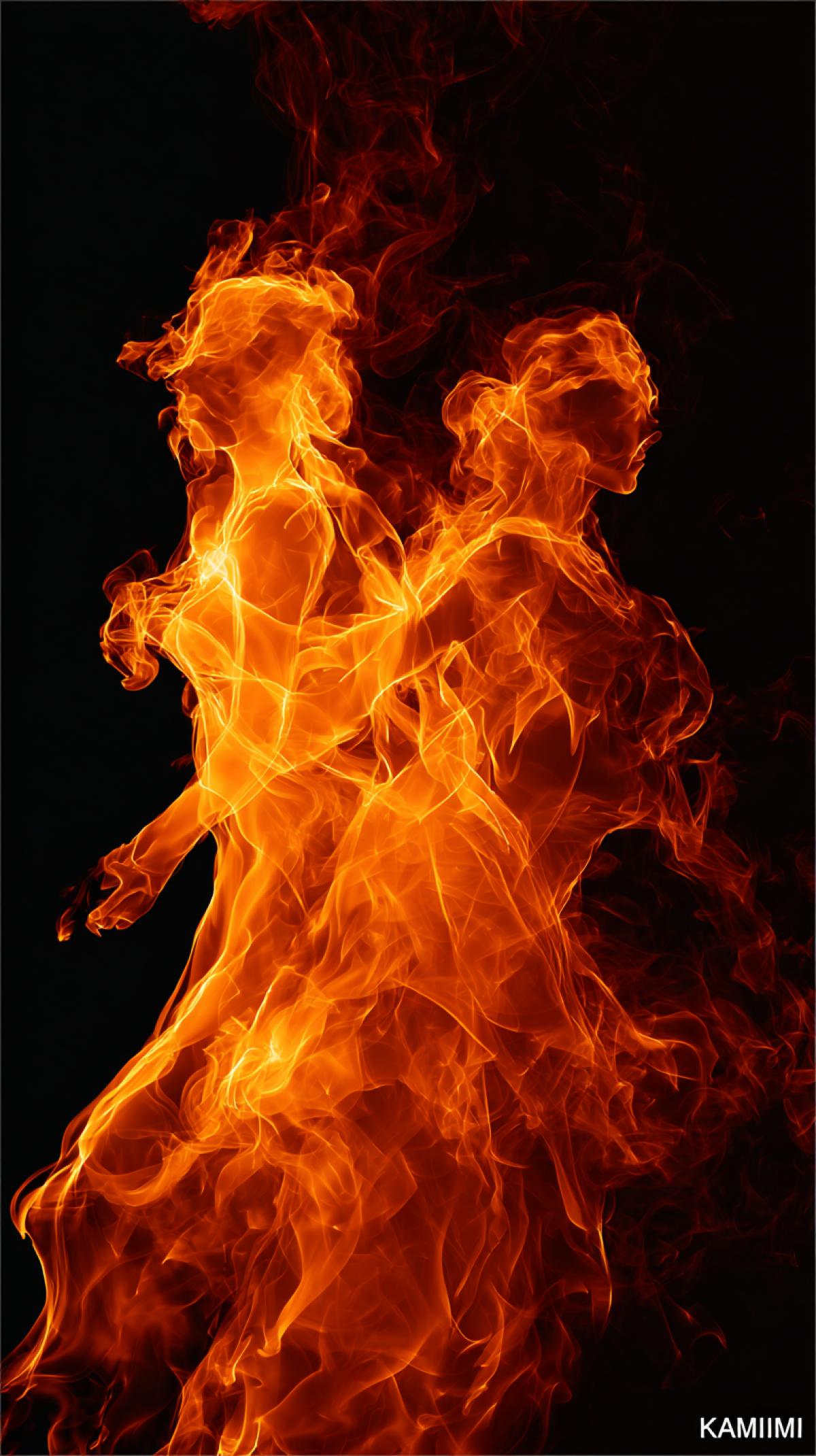 Imagine living silhouettes, forms and figures, entirely consisting of flame: fiery characters, abstract patterns or burning architectural elements. Your task is to generate an image in which the fire is not just a background, but the \"fabric\" of the object: the tongues of flame, sparks, smoke twisting, creating dynamics and depth, can be traced, you can add a neon color