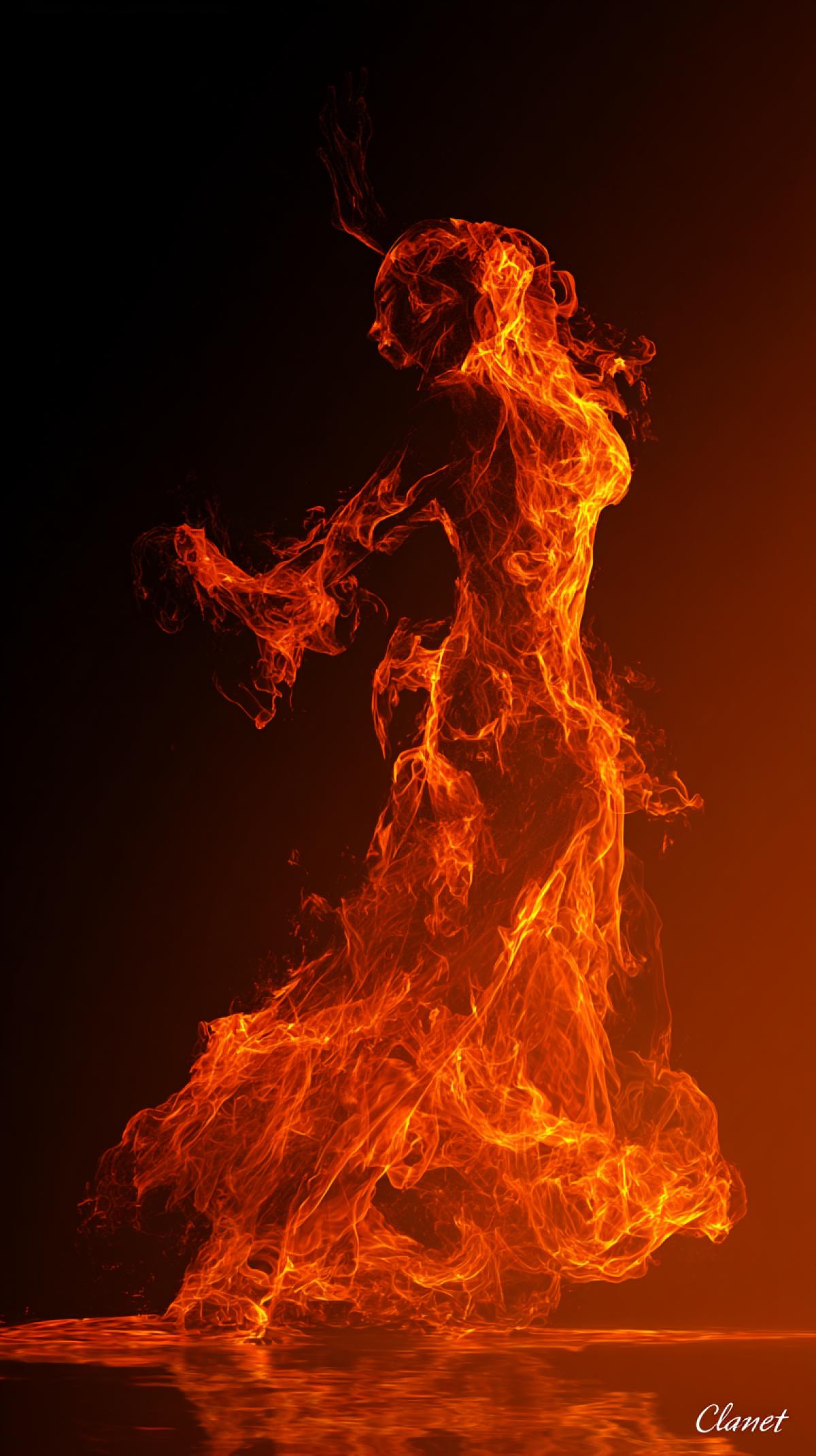 Imagine living silhouettes, forms and figures, entirely consisting of flame: fiery characters, abstract patterns or burning architectural elements. Your task is to generate an image in which the fire is not just a background, but the \"fabric\" of the object: the tongues of flame, sparks, smoke twisting, creating dynamics and depth, can be traced, you can add a neon color