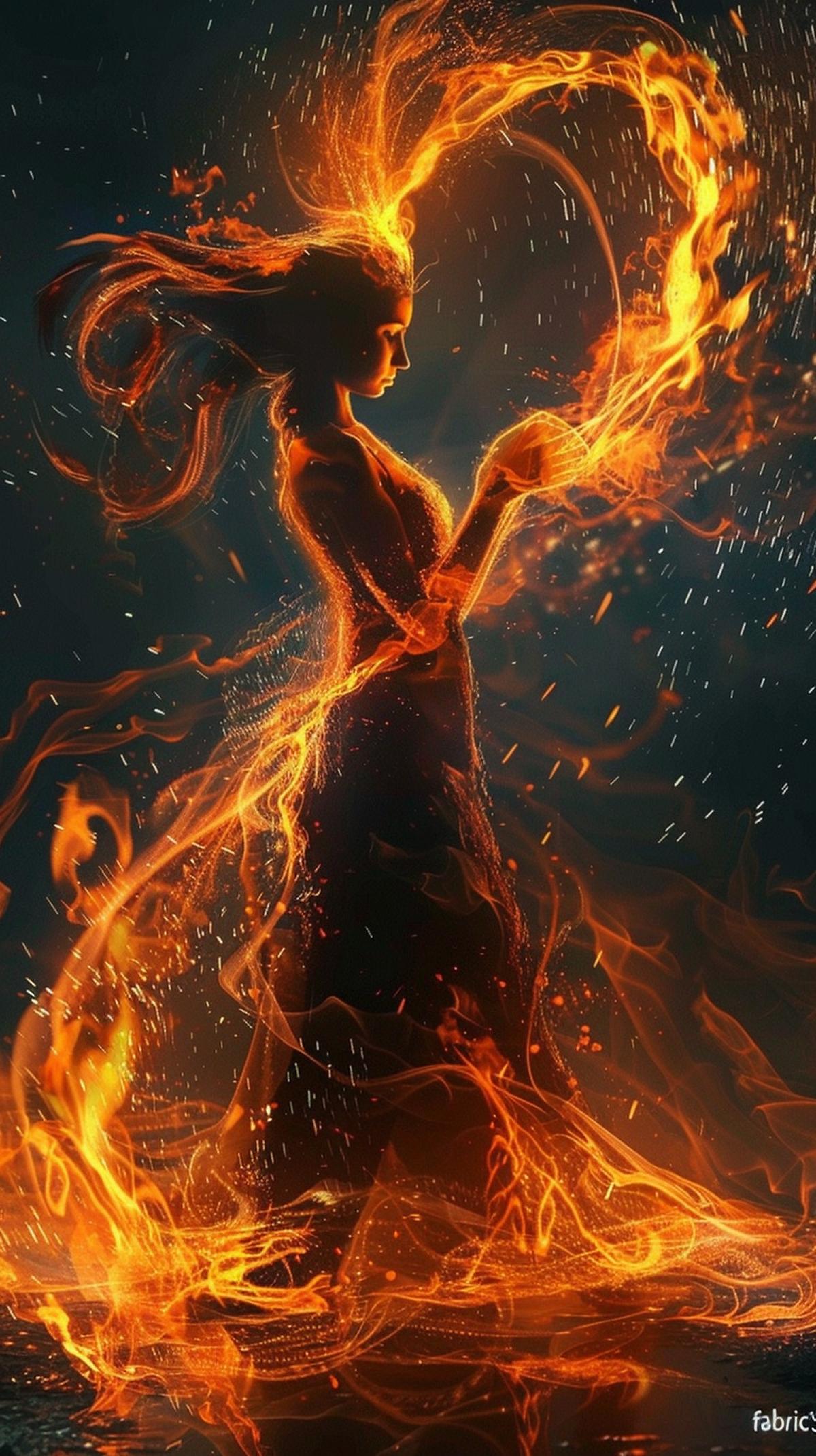 Imagine living silhouettes, forms and figures, which are entirely consisting of flame: fiery characters in the form of a heart, loving people, abstract patterns or burning architectural elements. Your task is to generate an image in which the fire is not just a background, but the \"fabric\" of the object itself: the tongues of flame, sparks, smoke twisters, creating dynamics and depth are traced.