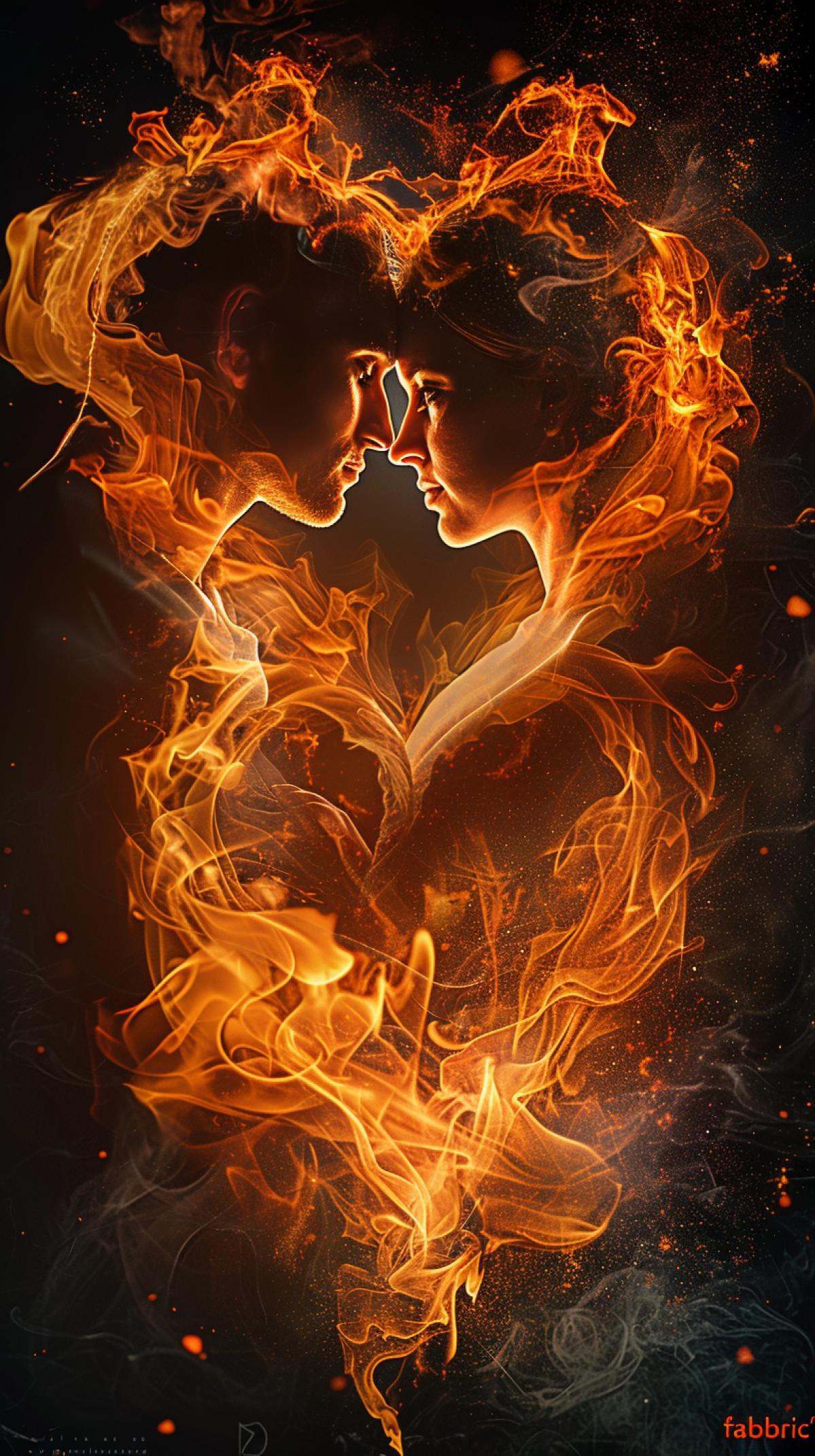 Imagine living silhouettes, forms and figures, which are entirely consisting of flame: fiery characters in the form of a heart, loving people, abstract patterns or burning architectural elements. Your task is to generate an image in which the fire is not just a background, but the \"fabric\" of the object itself: the tongues of flame, sparks, smoke twisters, creating dynamics and depth are traced.