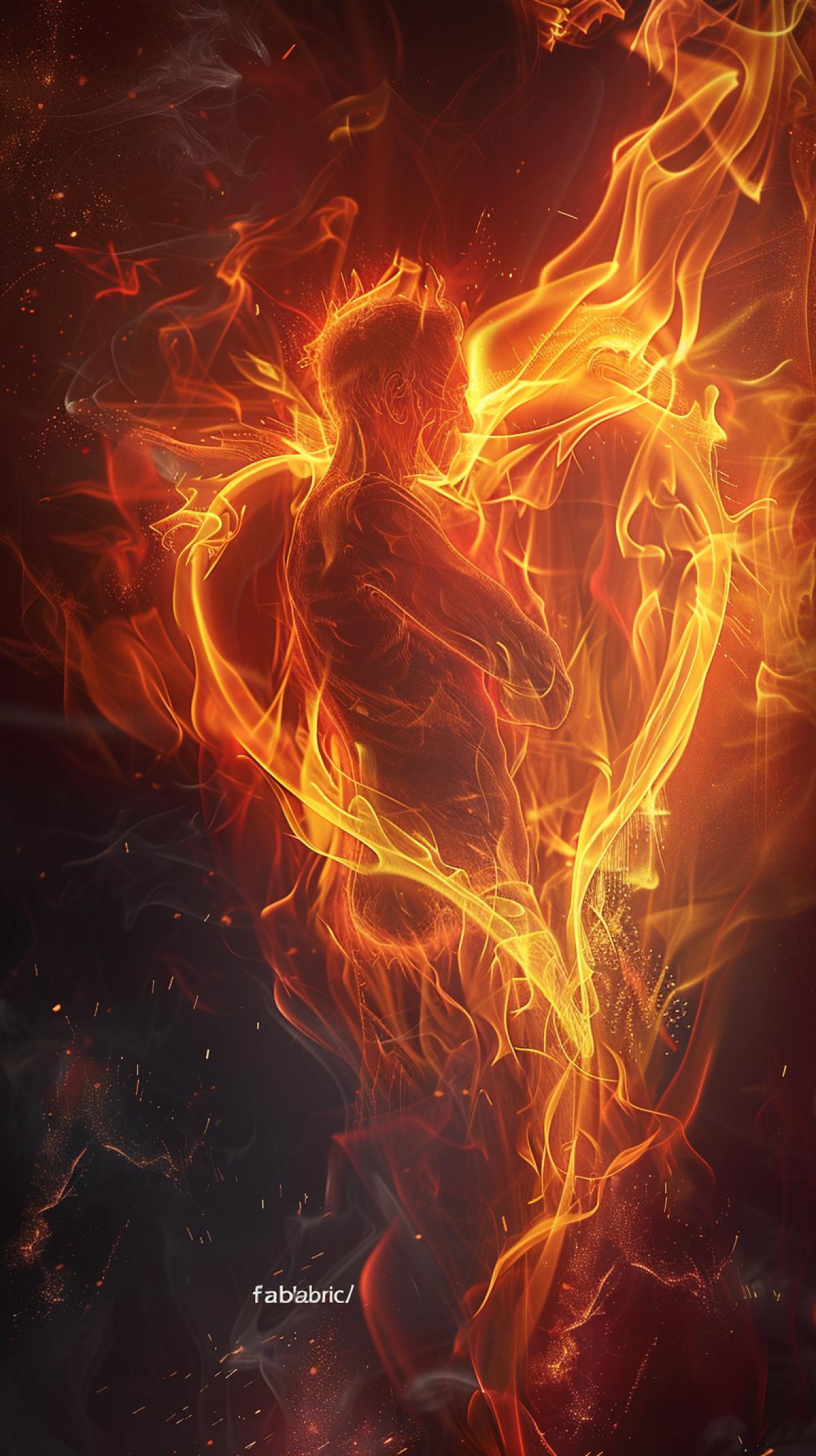 Imagine living silhouettes, forms and figures, which are entirely consisting of flame: fiery characters in the form of a heart, loving people, abstract patterns or burning architectural elements. Your task is to generate an image in which the fire is not just a background, but the \"fabric\" of the object itself: the tongues of flame, sparks, smoke twisters, creating dynamics and depth are traced.
