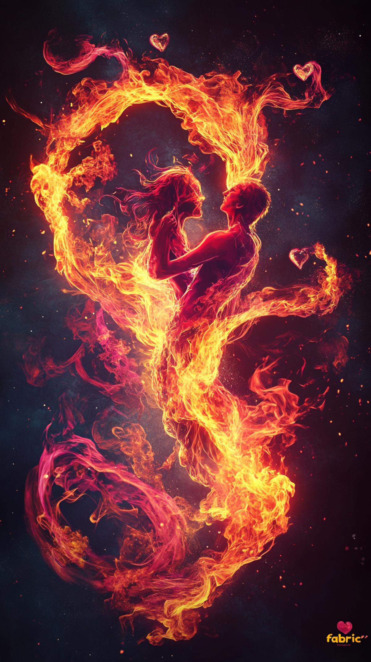 Living silhouettes, forms and figures, entirely consisting of flame in neon color: fiery characters in the form of animals, hearts, loving people, abstract patterns or burning architectural elements. Your task is to generate an image in which the fire is not just a background, but the \"fabric\" of the object itself: the tongues of flame, sparks, smoke twisters, creating dynamics and depth are traced.