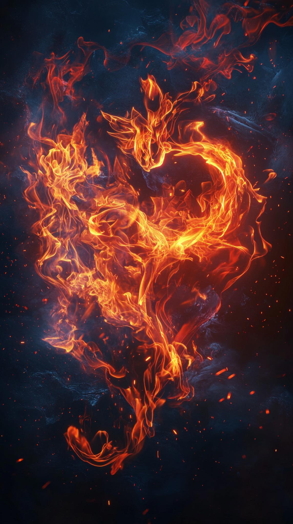 Living silhouettes, forms and figures, entirely consisting of flame in neon color: fiery characters in the form of animals, hearts, loving people, abstract patterns or burning architectural elements. Your task is to generate an image in which the fire is not just a background, but the \"fabric\" of the object itself: the tongues of flame, sparks, smoke twisters, creating dynamics and depth are traced.