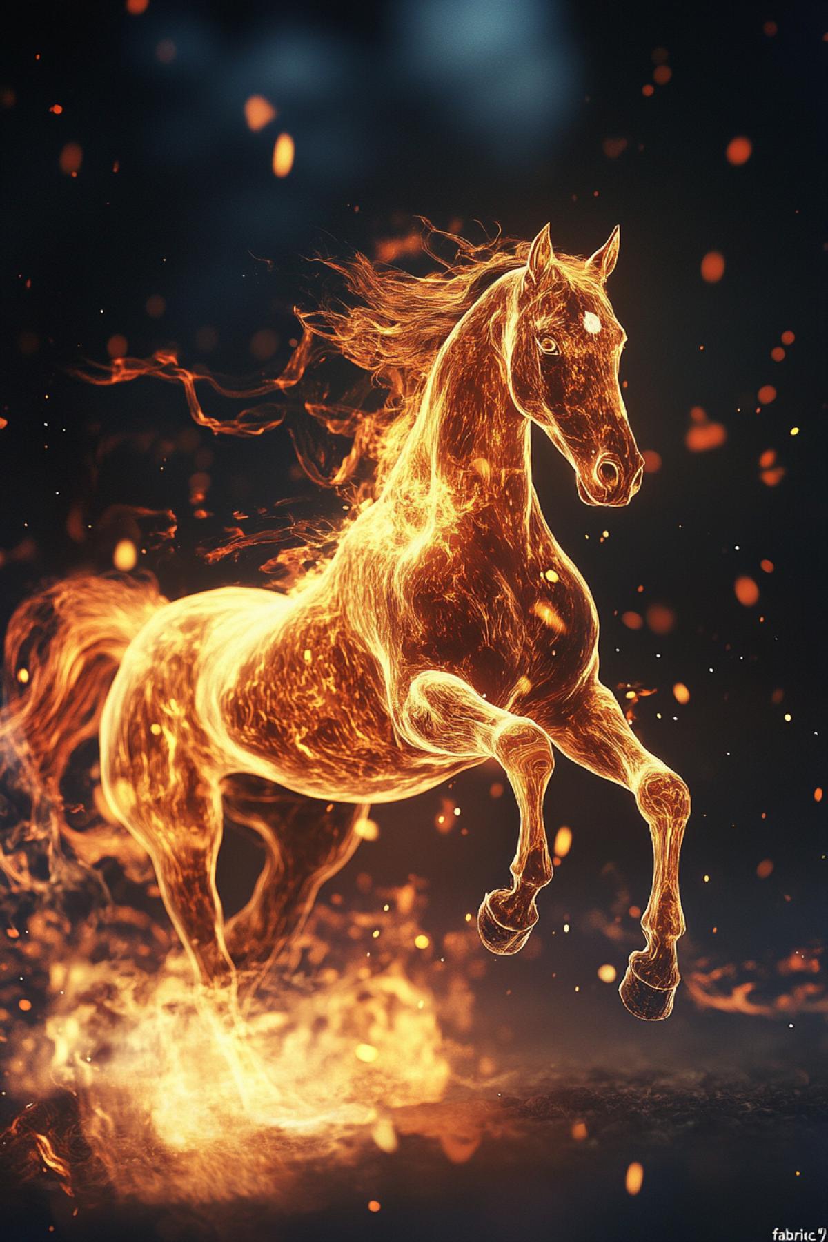 Living silhouette, shape and figure, entirely consisting of flame: fire horses, abstract patterns or burning architectural elements. The image in which the fire is not just a background, but the \"fabric\" itself: the tongues of flame, sparks, smoke twisters, creating dynamics and depth are traced.