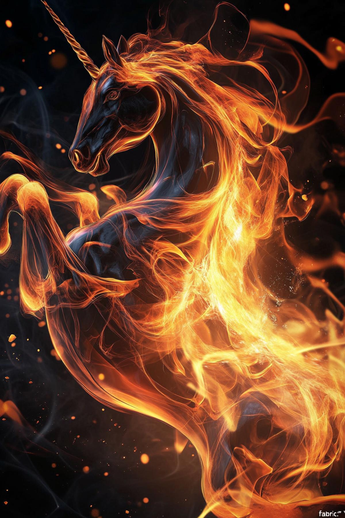 Living silhouette, shape and figure, entirely consisting of flame: fire horses, abstract patterns or burning architectural elements. The image in which the fire is not just a background, but the \"fabric\" itself: the tongues of flame, sparks, smoke twisters, creating dynamics and depth are traced.