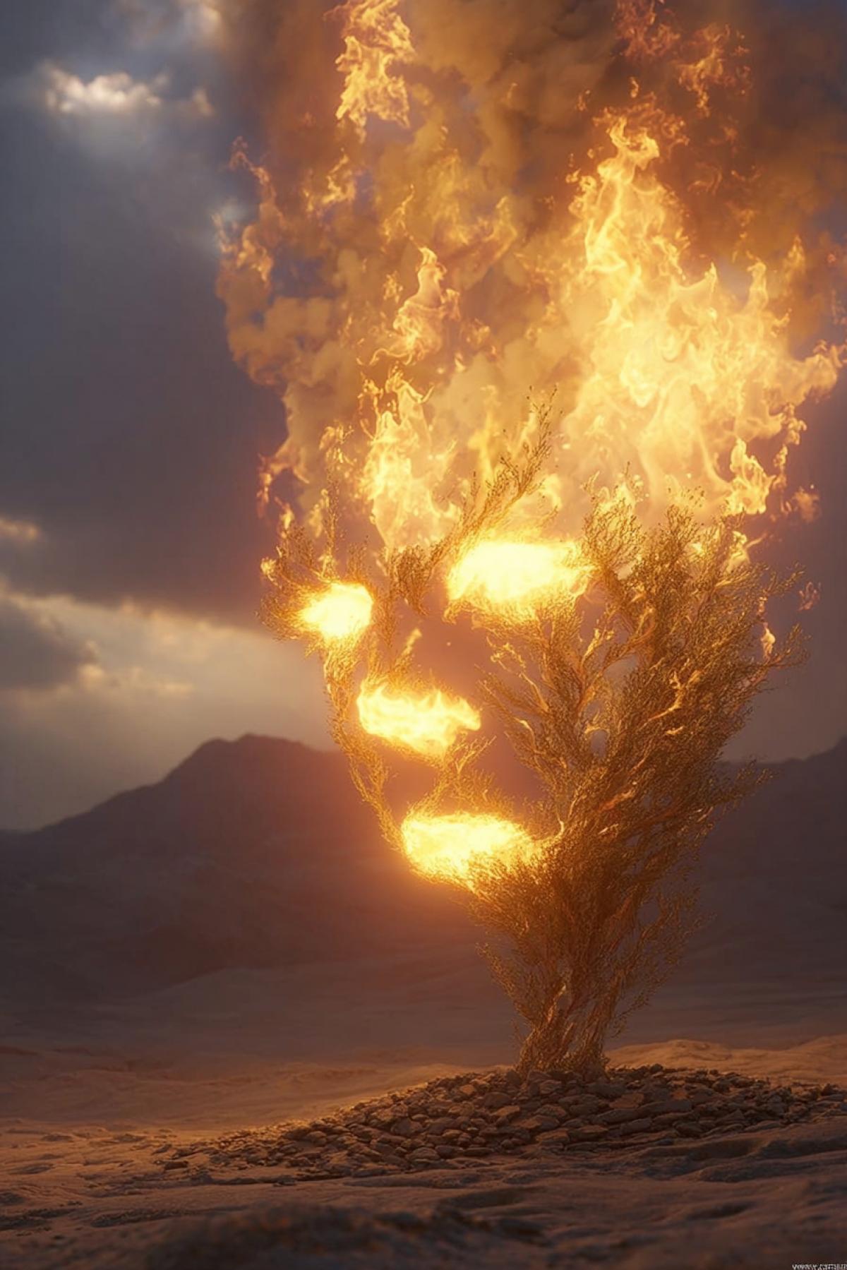 A dry bush burns intensely in a desert landscape, its flames forming the illusion of a stern male face. The fiery visage appears to speak, with flickering tongues shaping lips and eyes that seem to convey a message. The surrounding air shimmers with heat, distorting the distant horizon. Hyper-realistic fire simulation, dramatic lighting, 8K resolution, cinematic atmosphere.