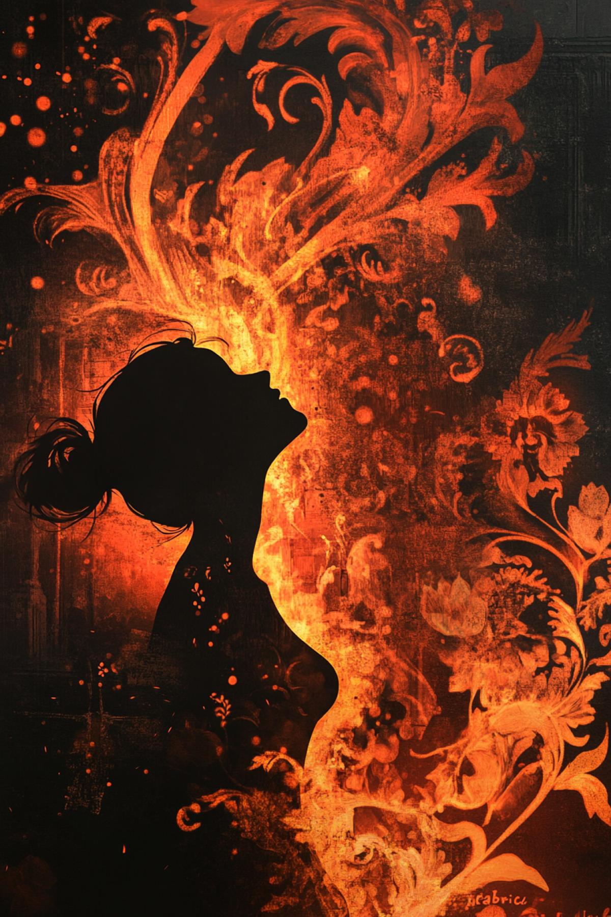 A living silhouette draws from the flame of fire, which is entirely consisting of a flower flame and burning architectural elements. The image in which the fire is not just a background, but the \"fabric\" itself: the tongues of flame, sparks, smoke twisters, creating dynamics and depth are traced.