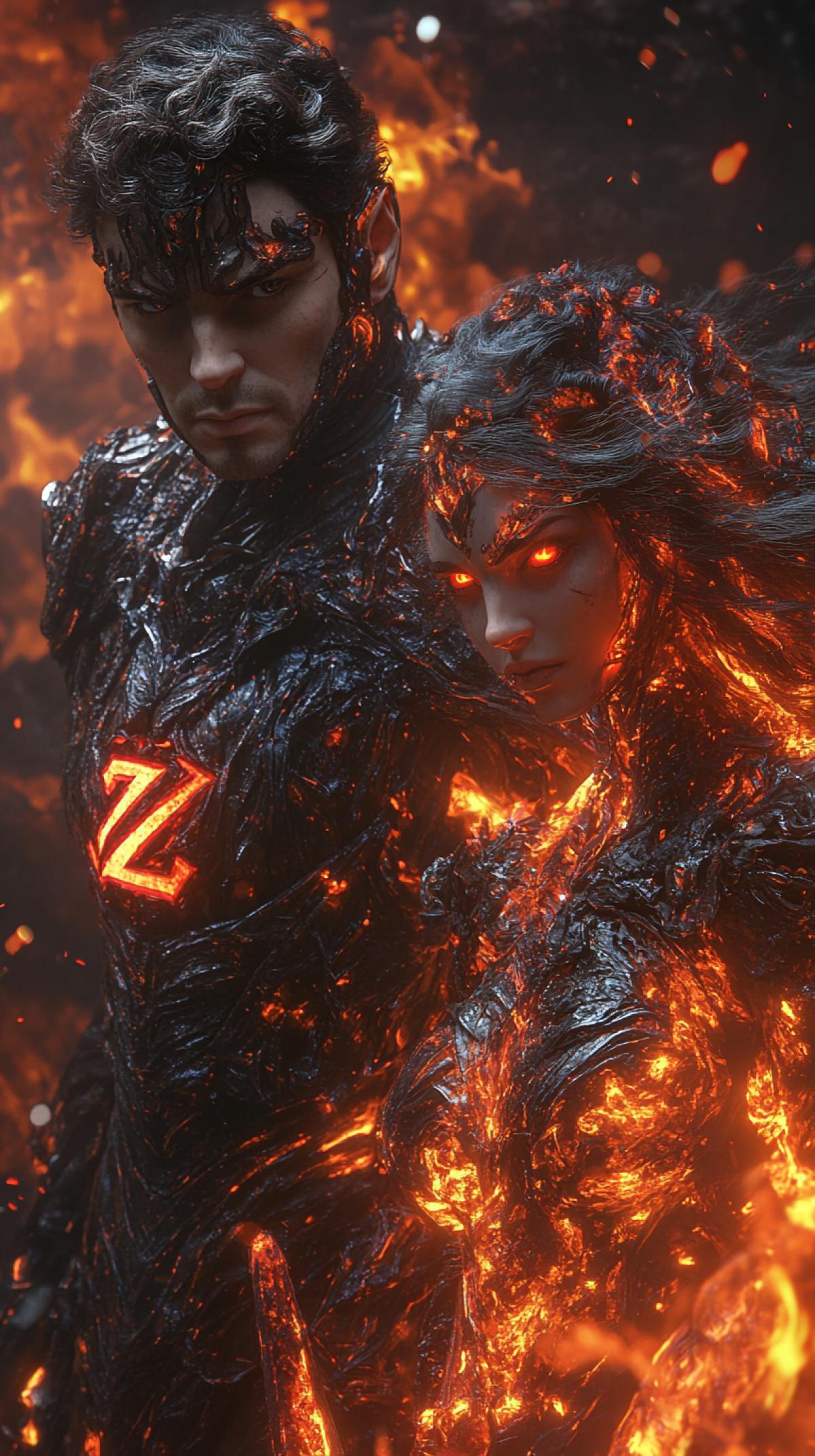 Fire Figures of a man and woman made of fire and basalt, holding fire swords, with intense expressions, middle aged, strong build, dark curly hair with fiery streaks, three-quarter view, reinforced metal armor, close-up, dark gray and dark suit with red glowing details, red flame \"Z\" emblem on detailed, flowing red cloaks, intense gazes, glowing red eyes, technological decorations visible on armor, dark smoke and crimson haze in background, dynamic com4k, dramatic lighting.