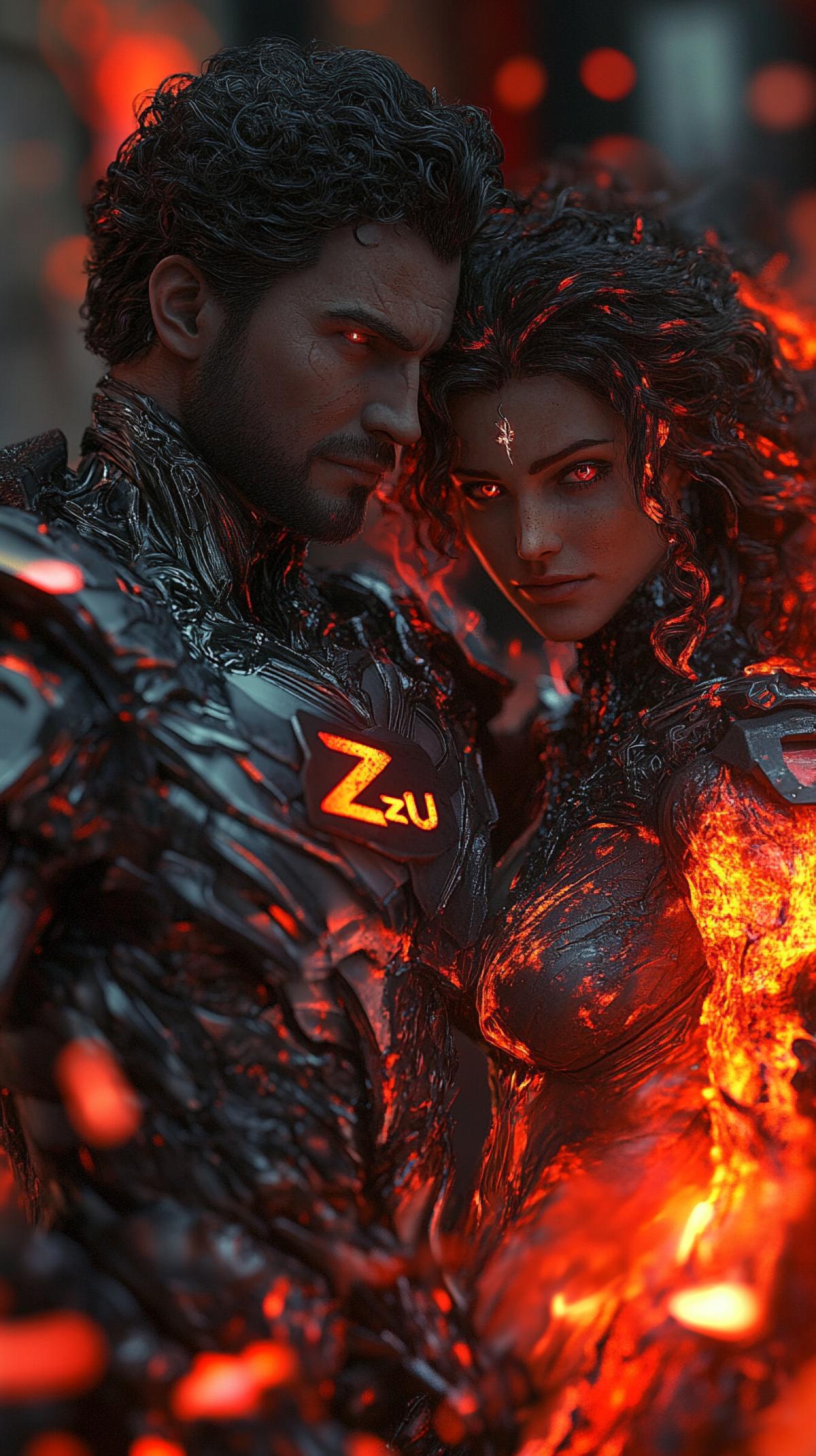Fire Figures of a man and woman made of fire and basalt, holding fire swords, with intense expressions, middle aged, strong build, dark curly hair with fiery streaks, three-quarter view, reinforced metal armor, close-up, dark gray and dark suit with red glowing details, red flame \"Z\" emblem on detailed, flowing red cloaks, intense gazes, glowing red eyes, technological decorations visible on armor, dark smoke and crimson haze in background, dynamic com4k, dramatic lighting.