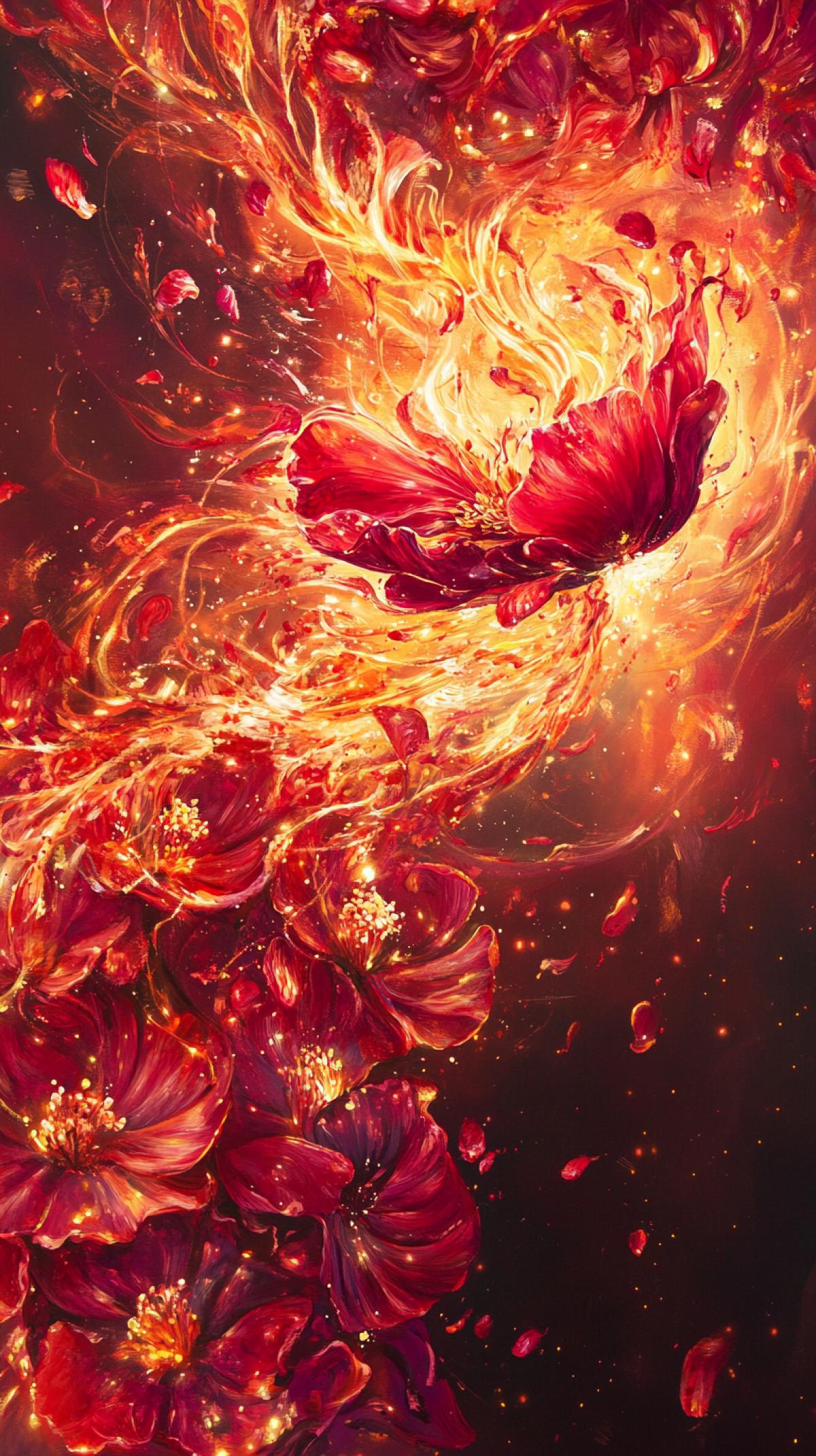 Fire, sparkle, crimson and burgundy accents, dance, whirlwind, flight surrounded by burning flowers