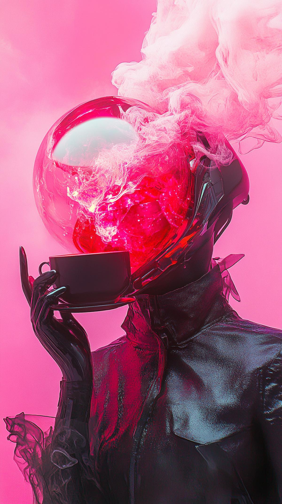 Coffee cup, orb helmet, fluid vortex with red lightning spiral, levitating pink and red mineral shards, hyper-detailed fabric folds, metallic shimmer skin, smoke, alien alchemist aesthetic, glitched realism, high contrast ambient glow, isolated figure, rare neuralpunk fashion style