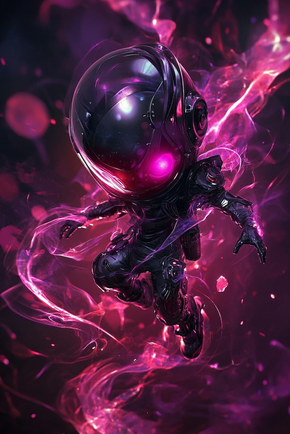 Fantastic adorable female chibi android, orb helmet, liquid swirl with red lightning spiral, levitating pink, burgundy mineral shards on fire, hyper detailed fabric folds, metallic purple shimmering skin, alien alchemist aesthetic in crimson smoke and fire flashes, distorted realism, high contrast glow, smoke, isolated figure, rare neuropunk fashion style