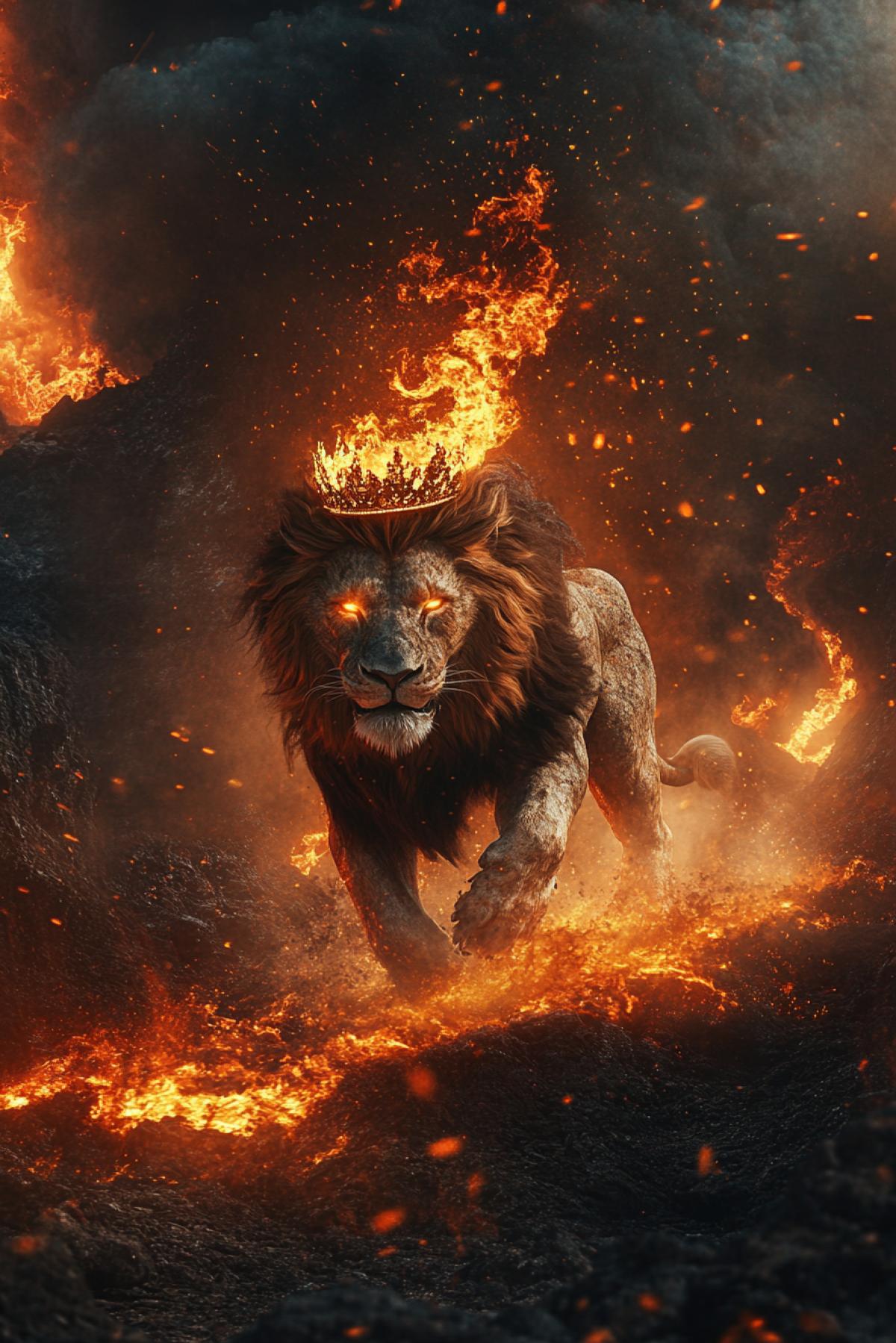 Magma and basalt fiery graceful lion with flaming golden crown on head running among molten valley against erupting volcano background, wind, sparkling fire and smoke, dramatic lighting, hyper detail