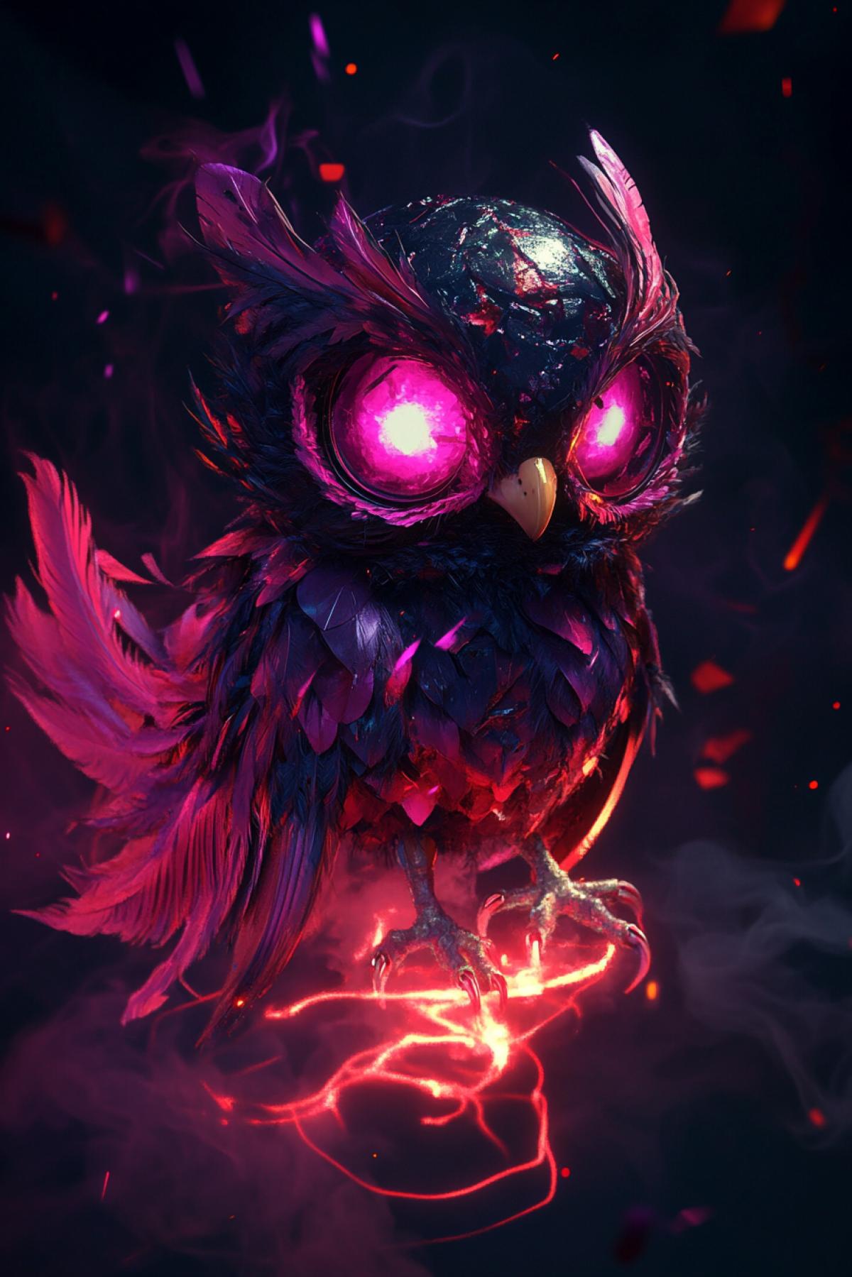 Fantastic adorable chibi owl android, globe helmet, liquid vortex with red lightning spiral, levitating pink, burgundy mineral shards on fire, hyper detailed feathers, metallic purple shimmering eye and feathers, alien alchemist aesthetic in crimson smoke and fire flashes, distorted realism, high contrast glow, smoke, isolated figure, rare neuropunk fashion style