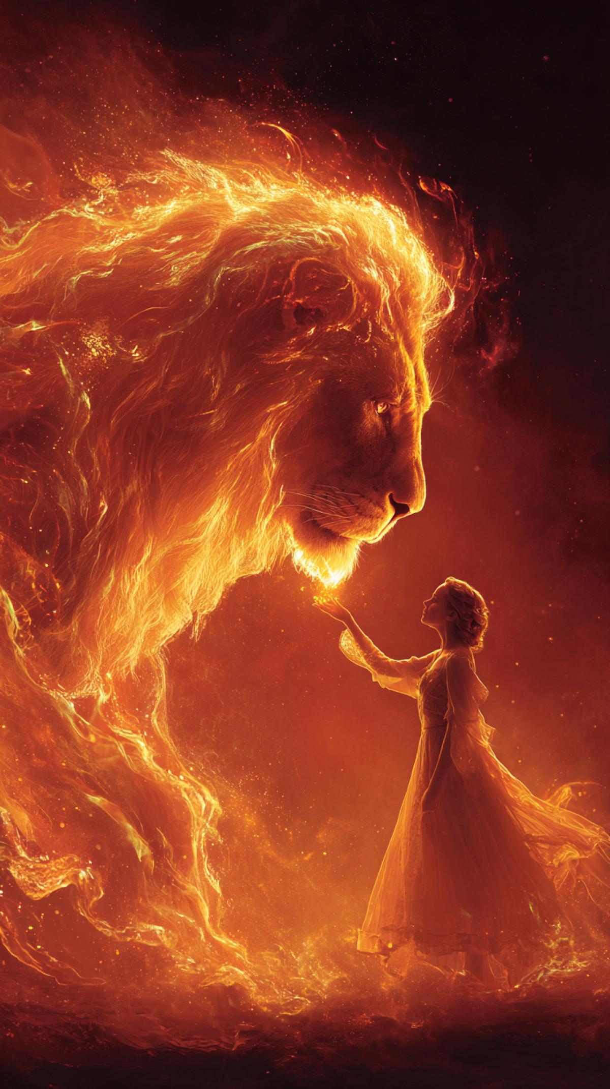 A fiery lion of golden light, with a beautiful woman in a fiery dress standing next to him, holding out a hand to the lion, in the style of the film cinema poster.
