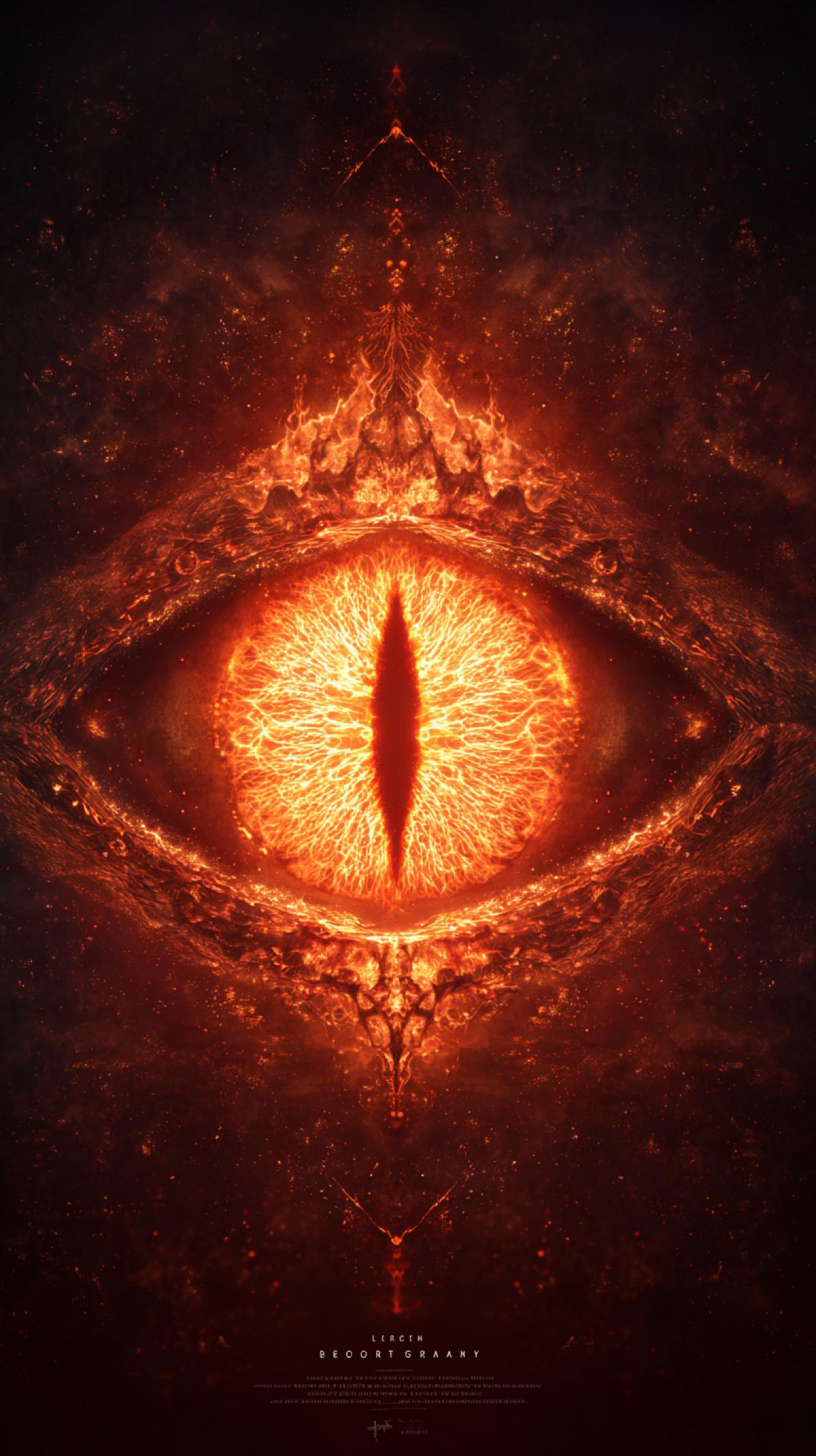 The poster of the film \"Lord of the Rings\", glowing with fire and force on the dark background of Sauron, Saurons eye made of fire, symmetrical com4k, hyperrealist photograph
