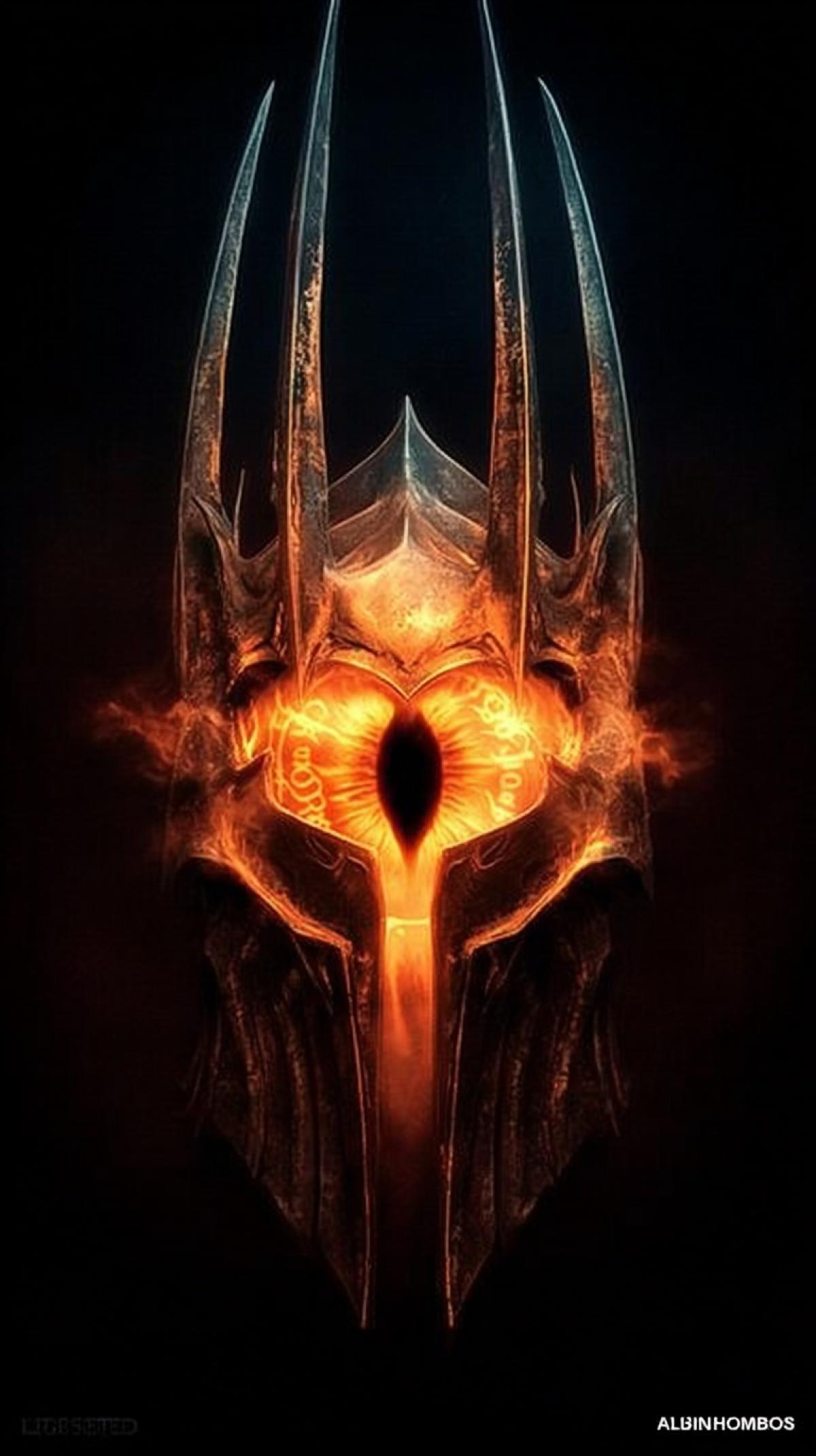 The poster of the film \"Lord of the Rings\", \"Sauron\" in its helmet, glowing with fire and force on the dark background of Sauron, symmetrical com4k, hyperrealist photograph