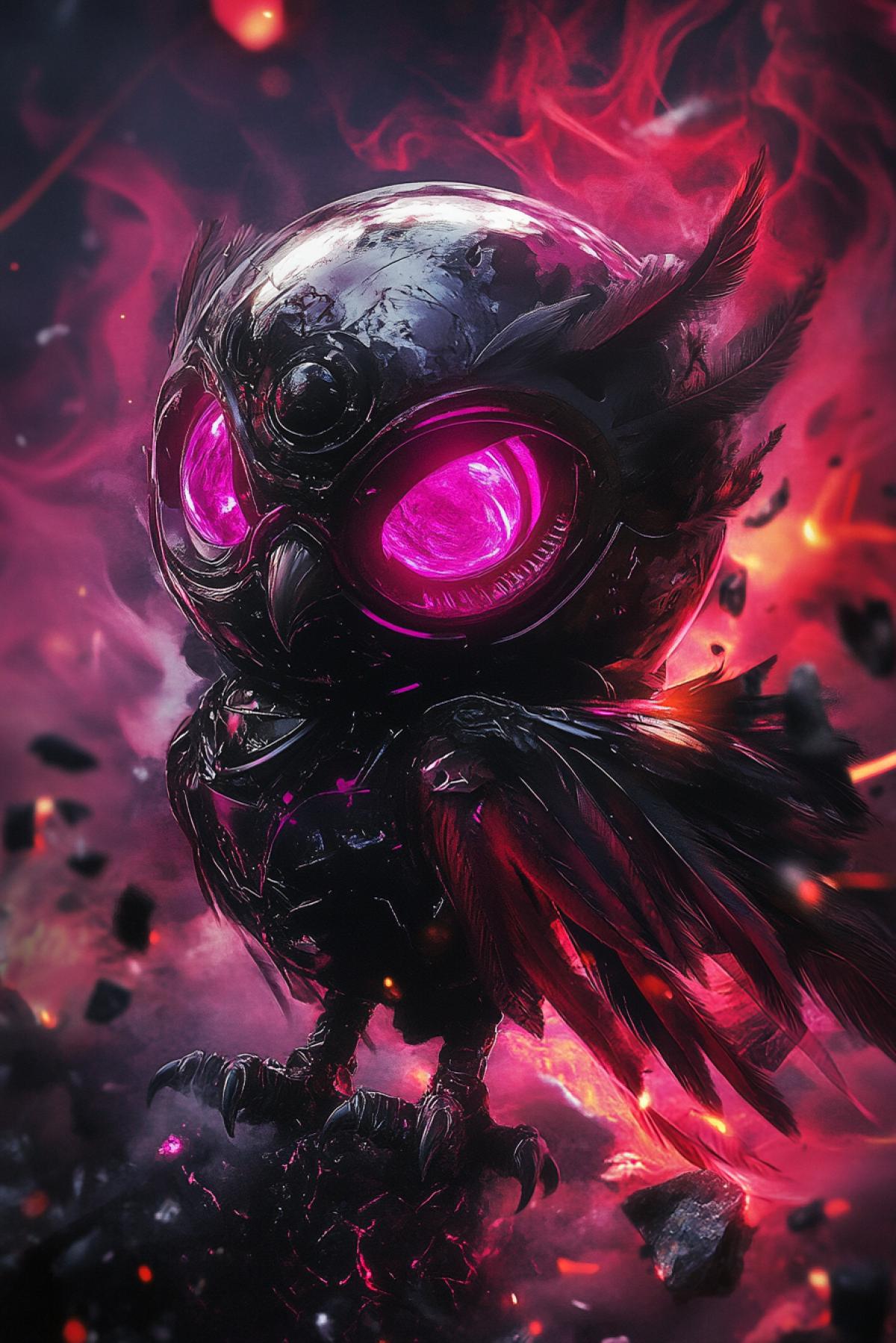Fantastic adorable chibi owl android, globe helmet, liquid vortex with red lightning spiral, levitating pink, burgundy mineral shards on fire, hyper detailed feathers, metallic purple shimmering eye and feathers, alien alchemist aesthetic in crimson smoke and fire flashes, distorted realism, high contrast glow, smoke, isolated figure, rare neuropunk fashion style