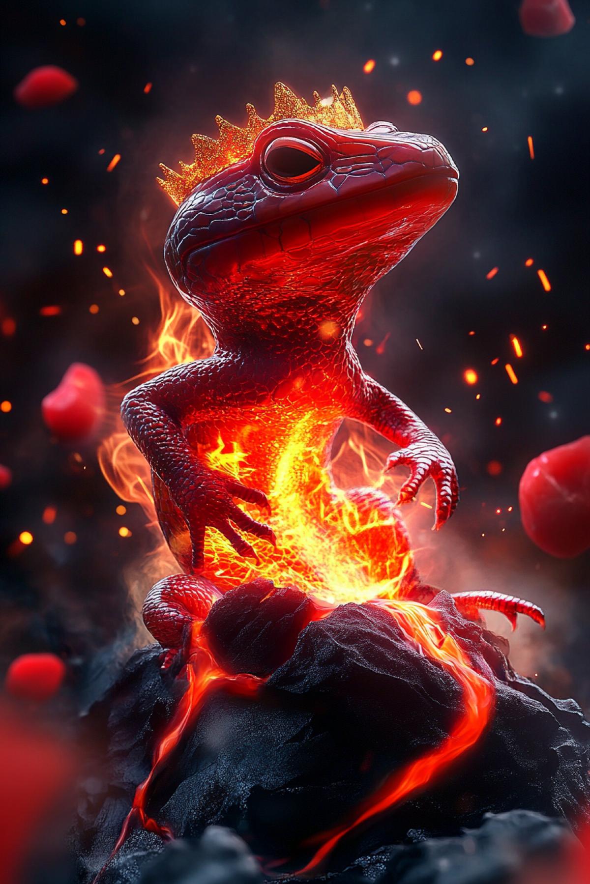 Noir style Fire red gold Salamander shape with small golden crown wrapping around burning fire cosmic neon unreal peony flower glowing lava cracks ring head stone plasma ice surface space surrealism × digital sculpture × glowing astral design neon backlight smoke sparks rubies plasma effect gold glitter deep space atmosphere