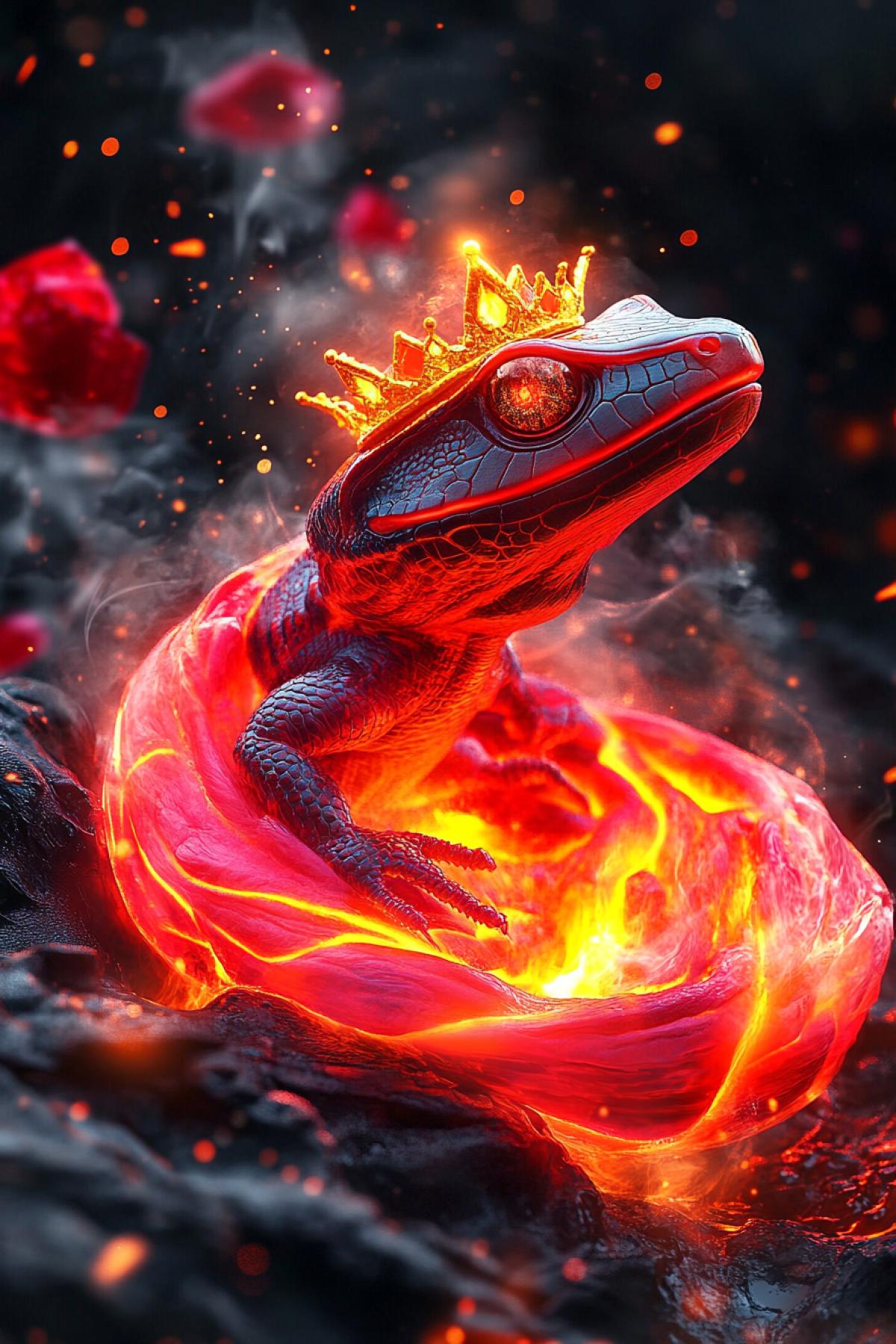 Noir style Fire red gold Salamander shape with small golden crown wrapping around burning fire cosmic neon unreal peony flower glowing lava cracks ring head stone plasma ice surface space surrealism × digital sculpture × glowing astral design neon backlight smoke sparks rubies plasma effect gold glitter deep space atmosphere